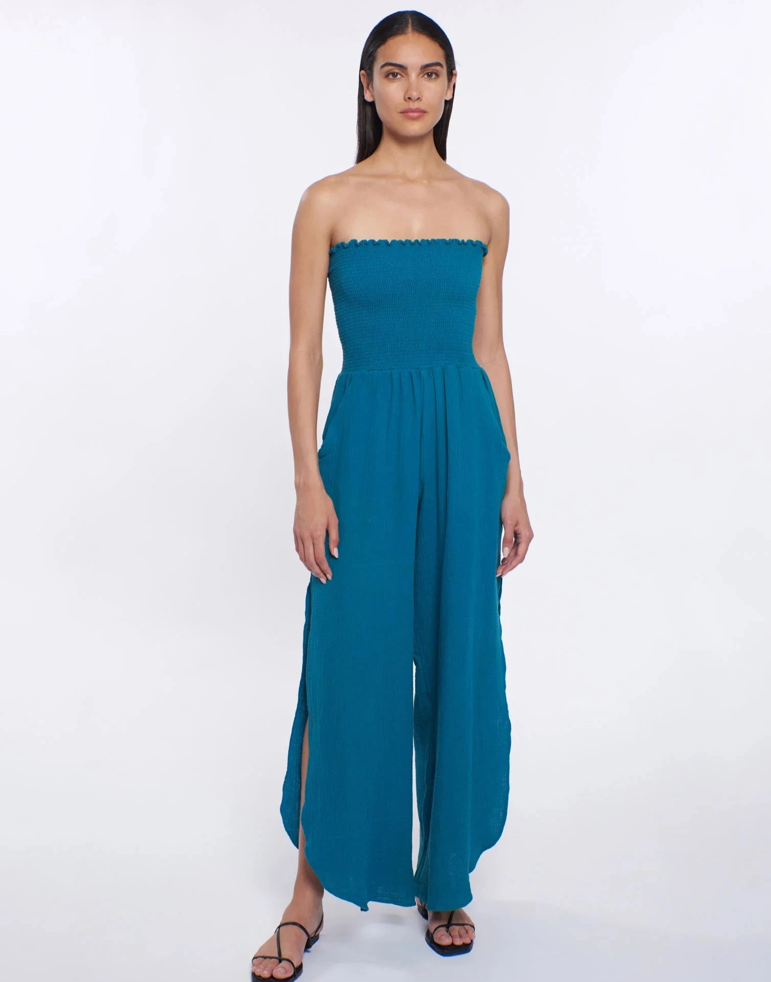 Strapless cotton jumpsuit in teal