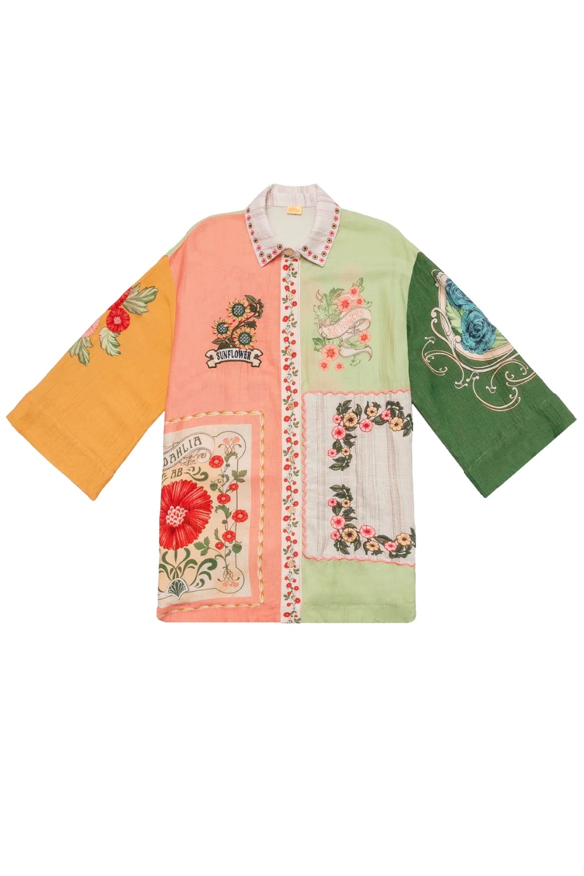 Embroidered floral print button down coverup shirt