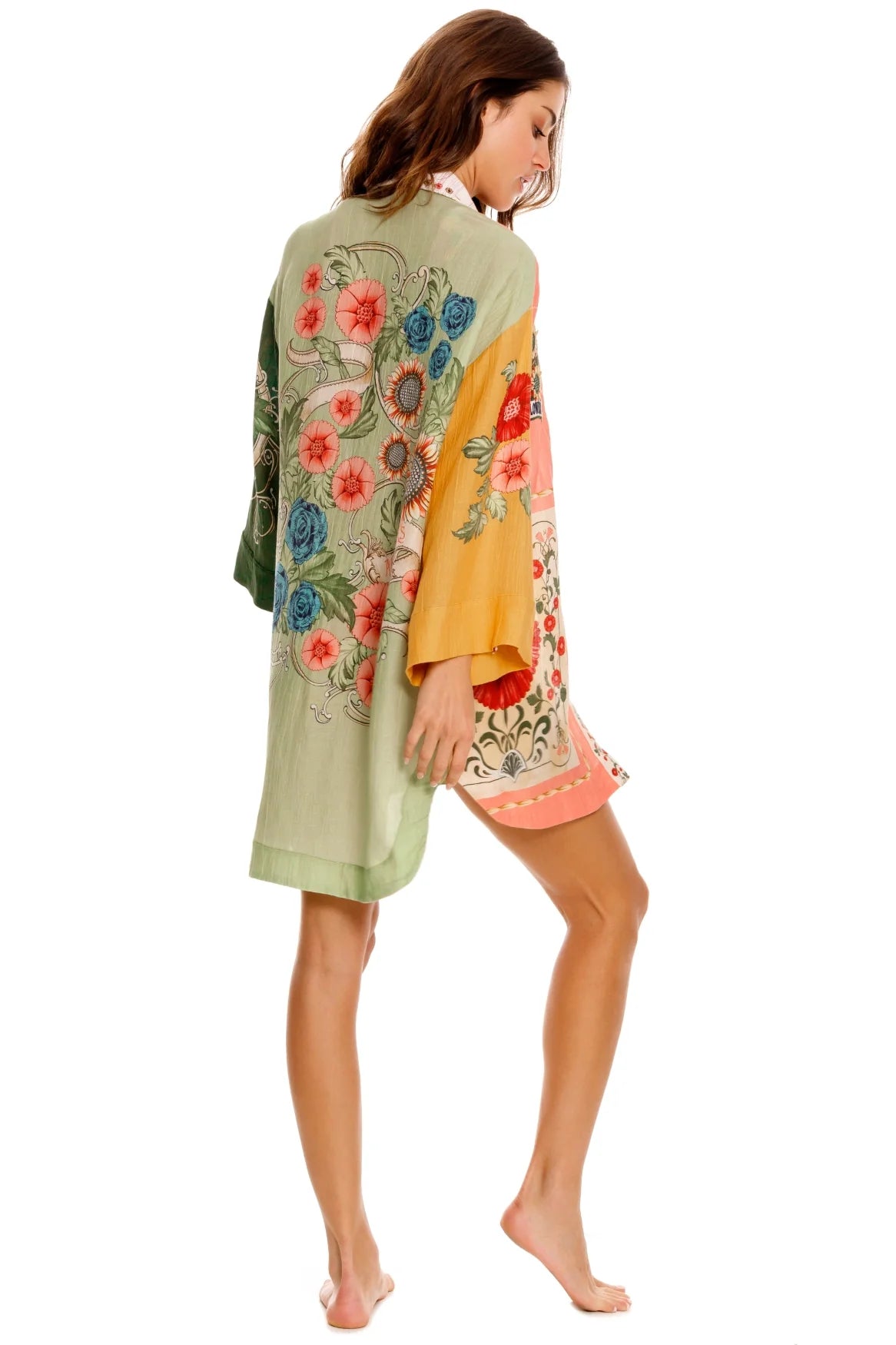 Embroidered floral print button down coverup shirt