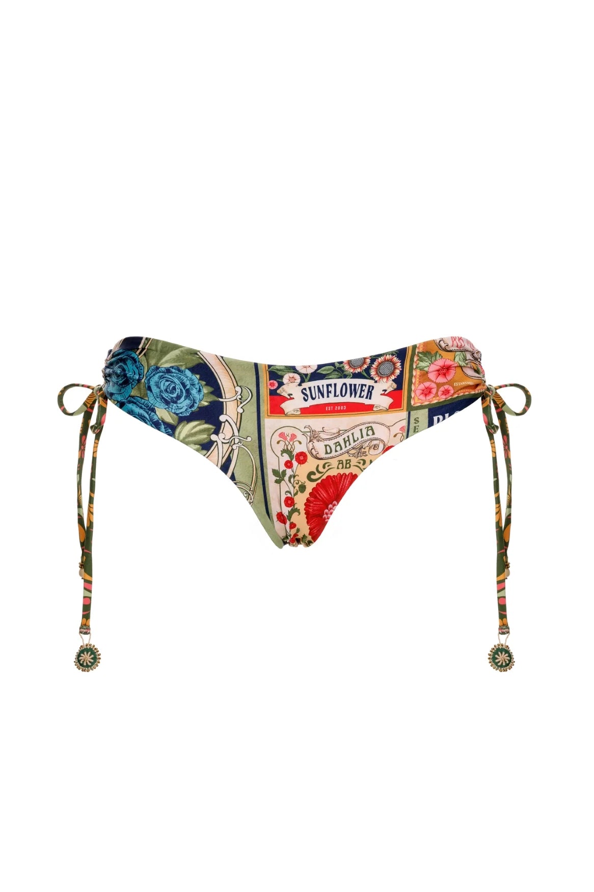 Multicolor floral print reversible bottom in a mid rise fit with tie sides