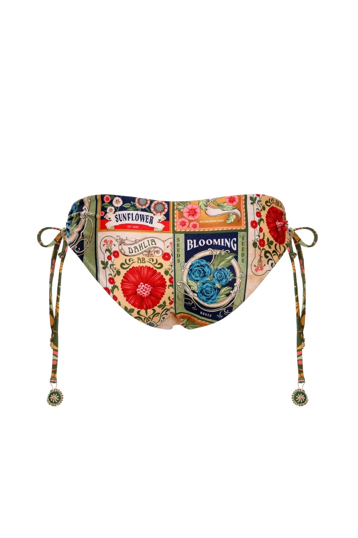 Multicolor floral print reversible bottom in a mid rise fit with tie sides