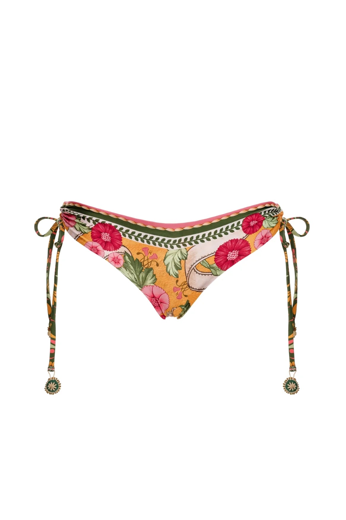 Multicolor floral print reversible bottom in a mid rise fit with tie sides