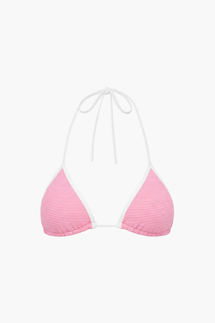 Adjustable triangle bikini top in pink with white trim