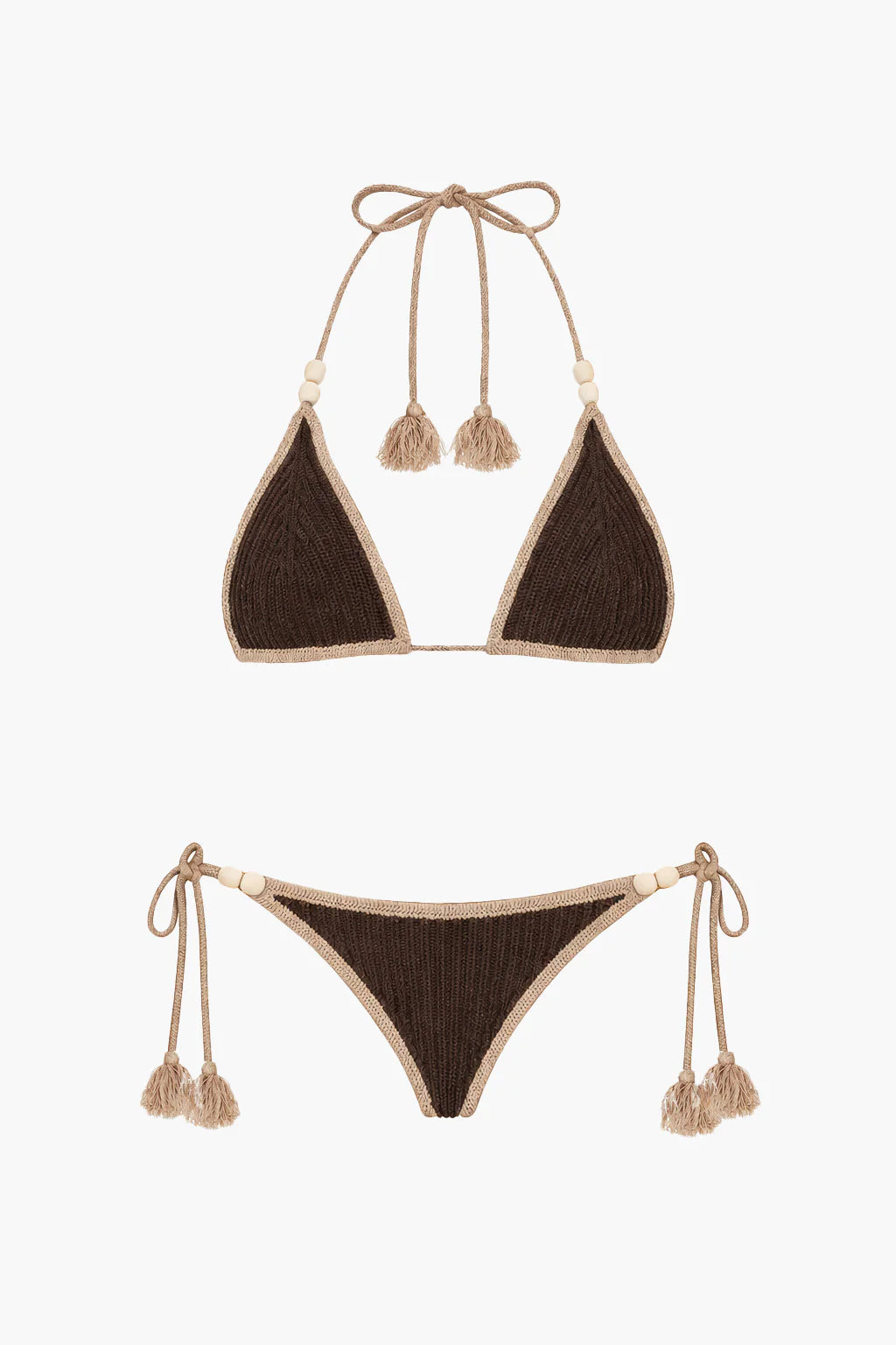 Beaded bikini set with tassels in brown and tan