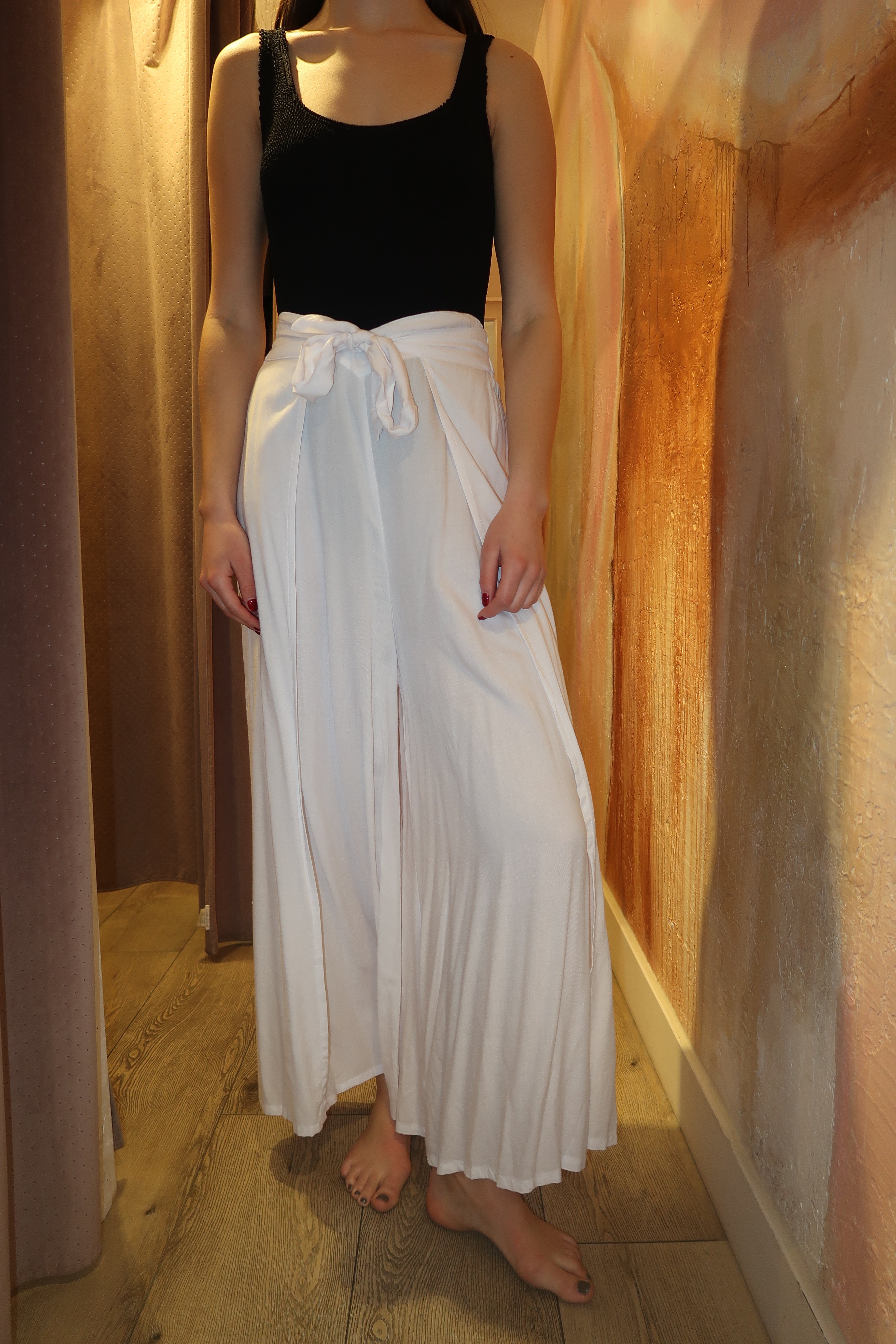 Tie front side slit white pants