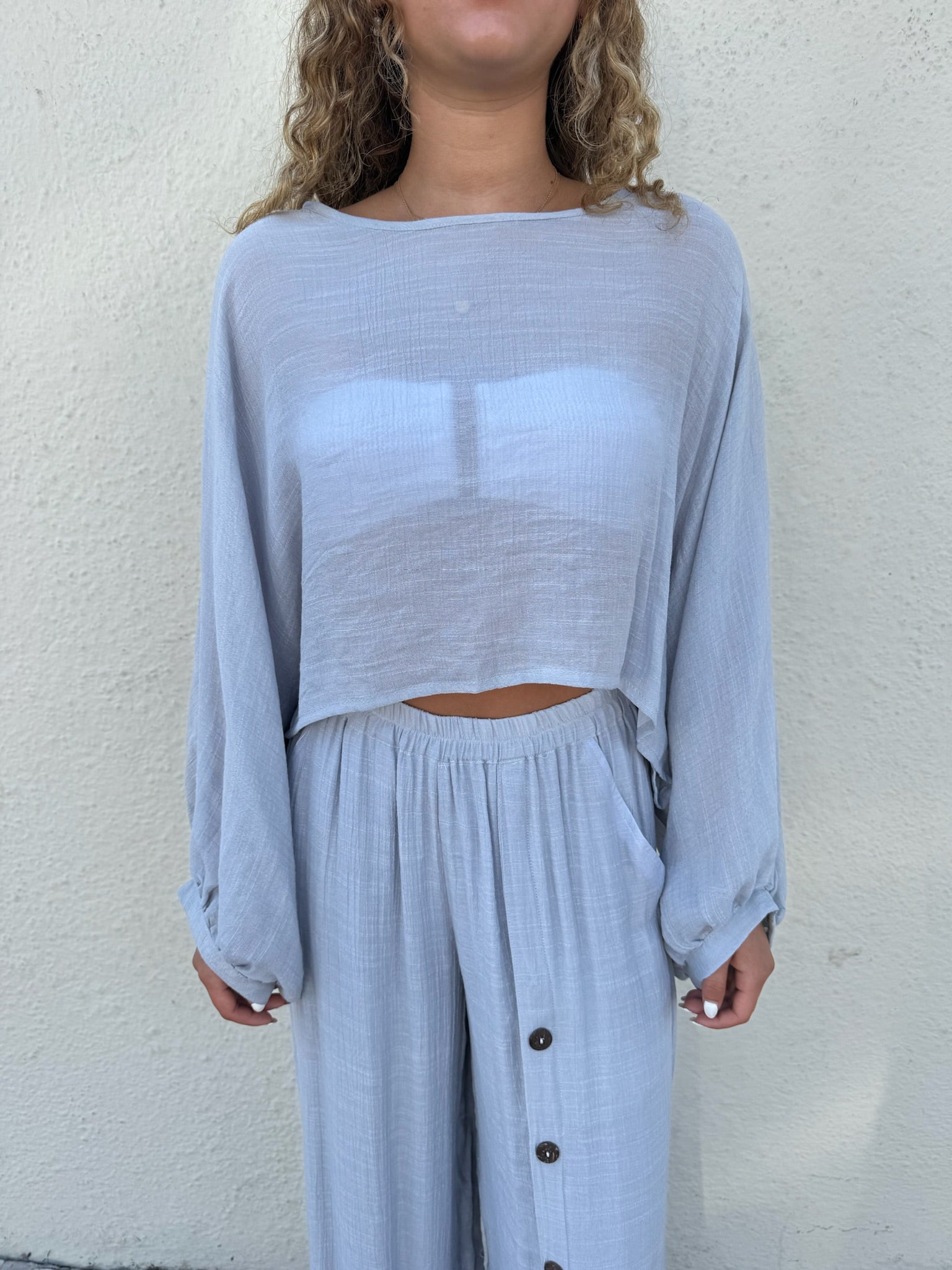 Flowy silver pants with buttons down the left side