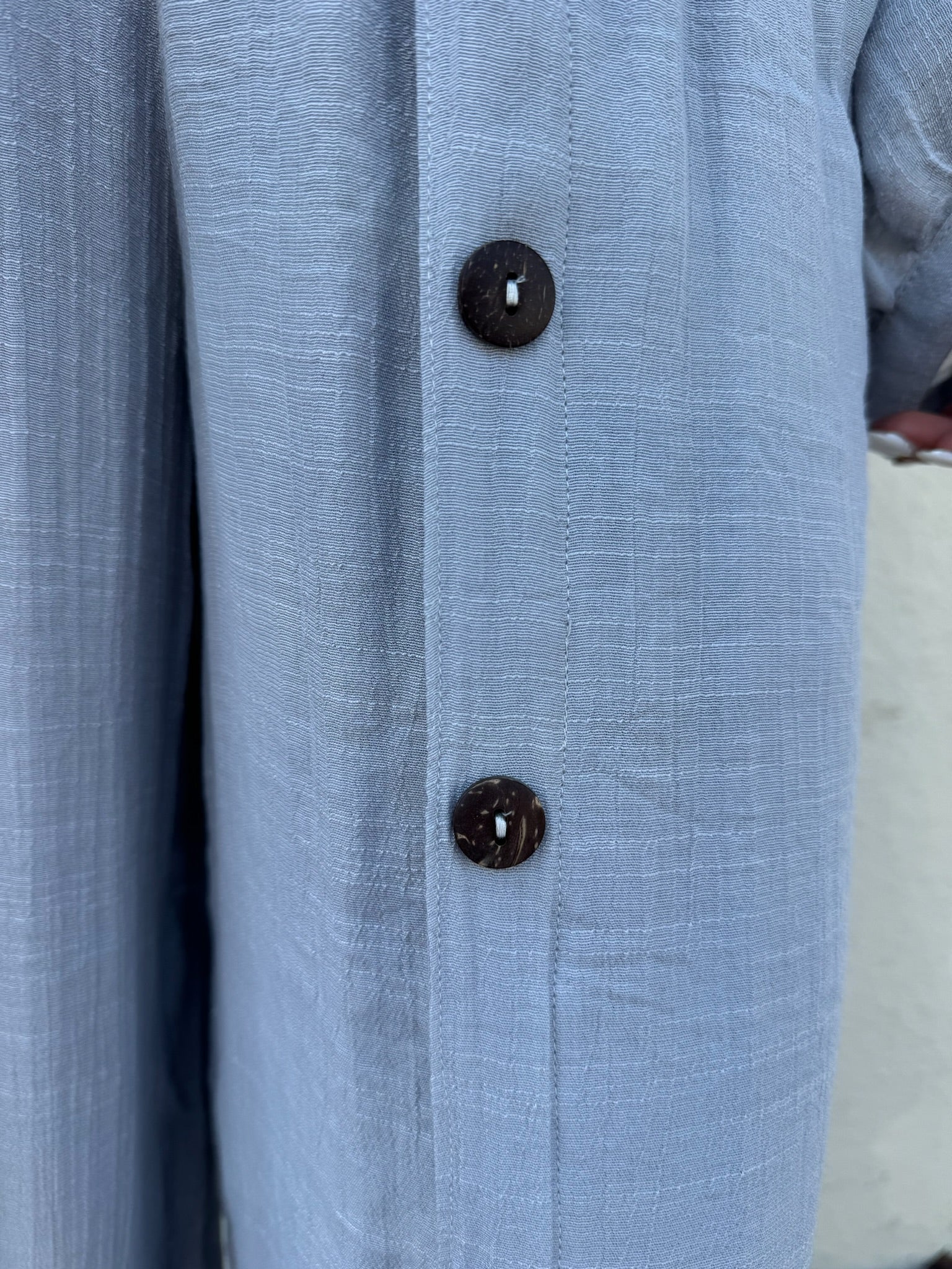 Flowy silver pants with buttons down the left side