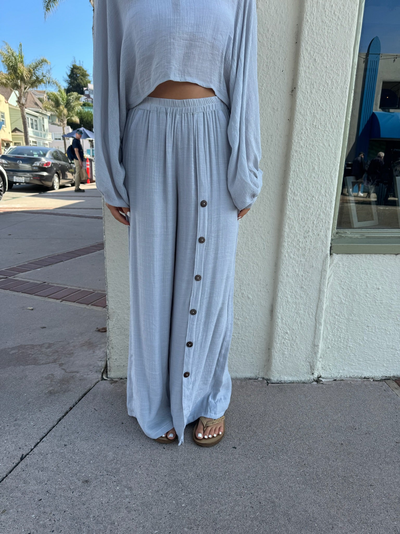 Flowy silver pants with buttons down the left side