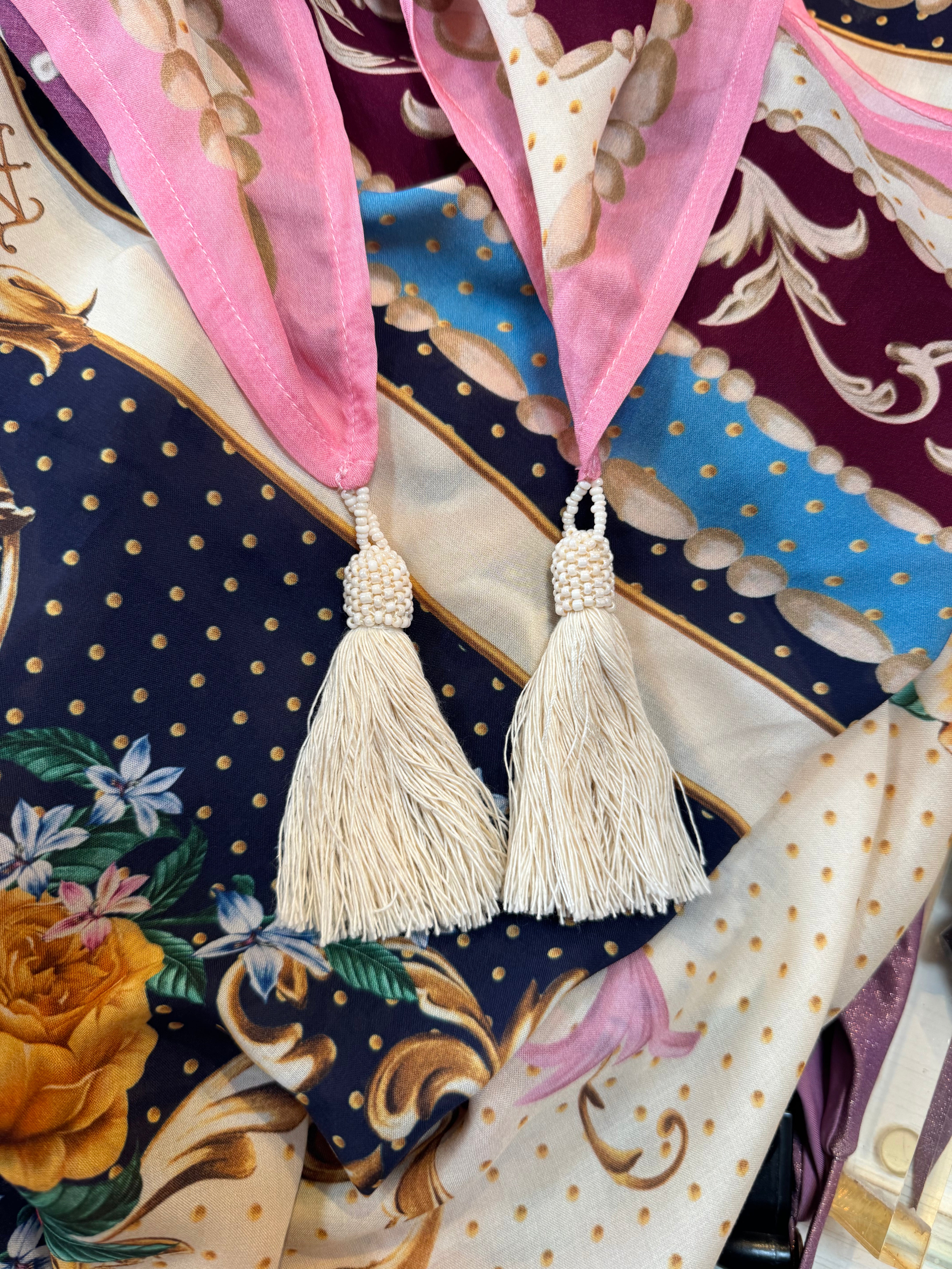 Long floral print sarong with tassels