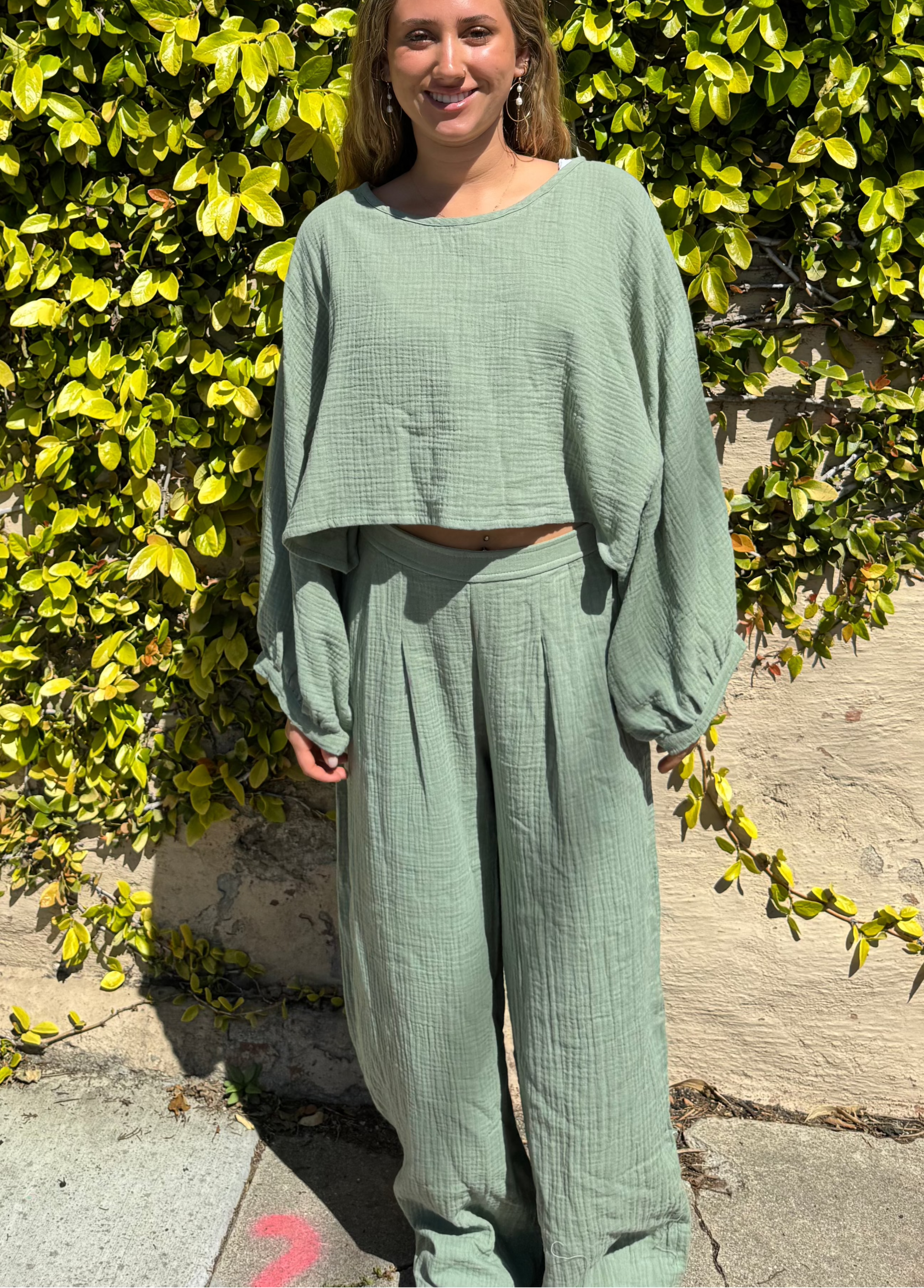 Wide leg cotton gauze pants in Sage Green.