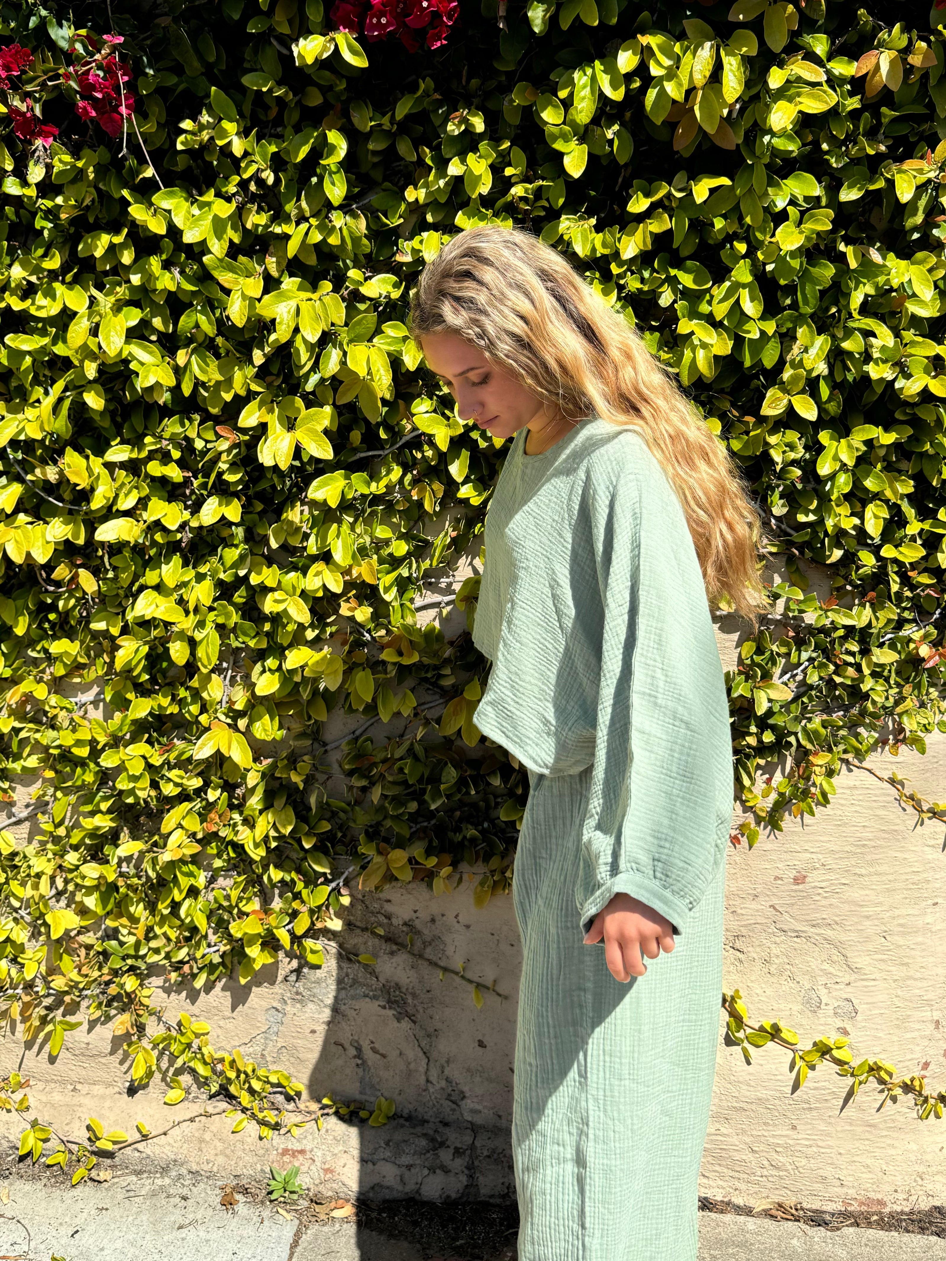 Flowy cotton top in Sage Green.
