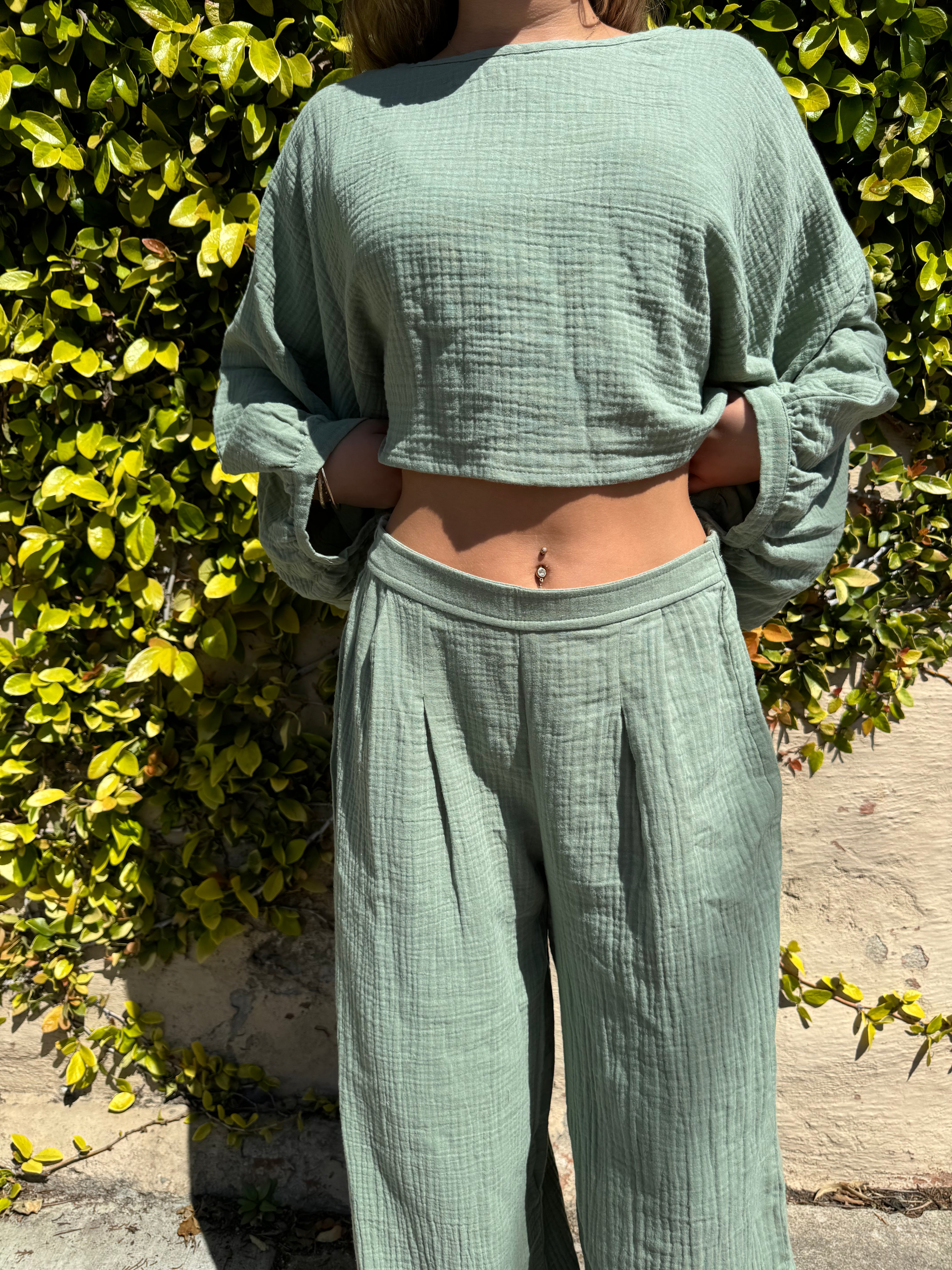 Wide leg cotton gauze pants in Sage Green.