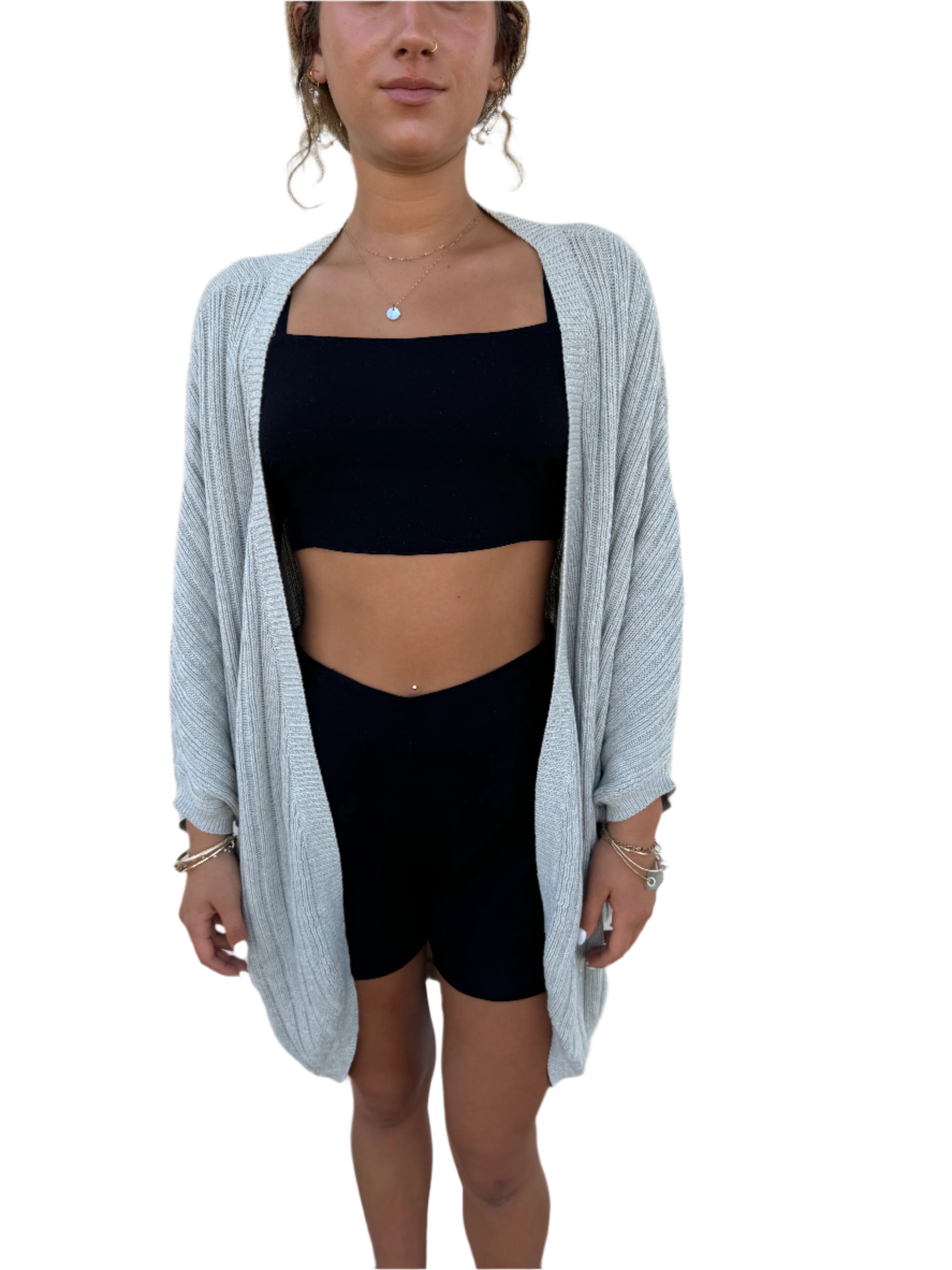 Long gray open cardigan