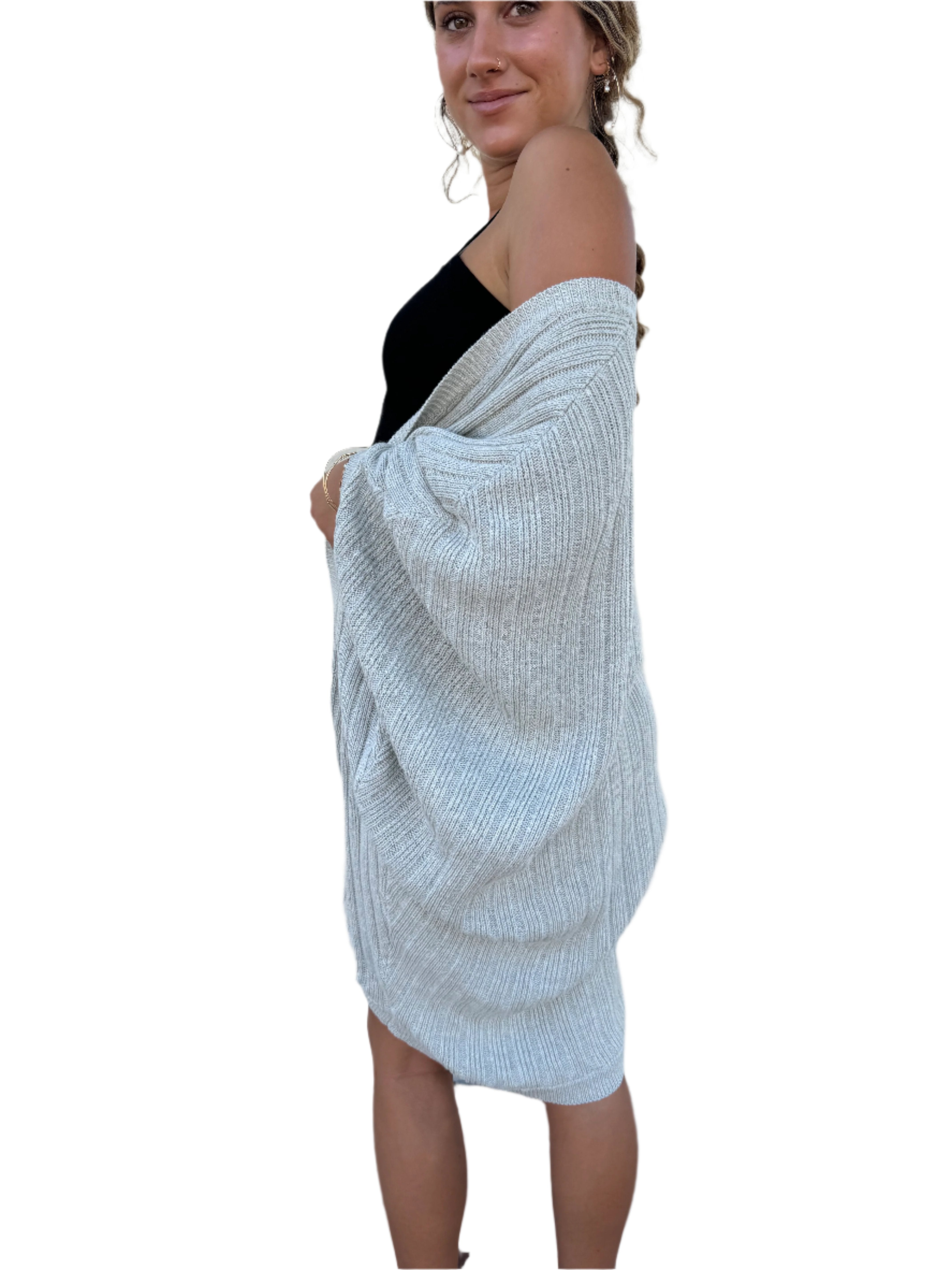 Long gray open cardigan