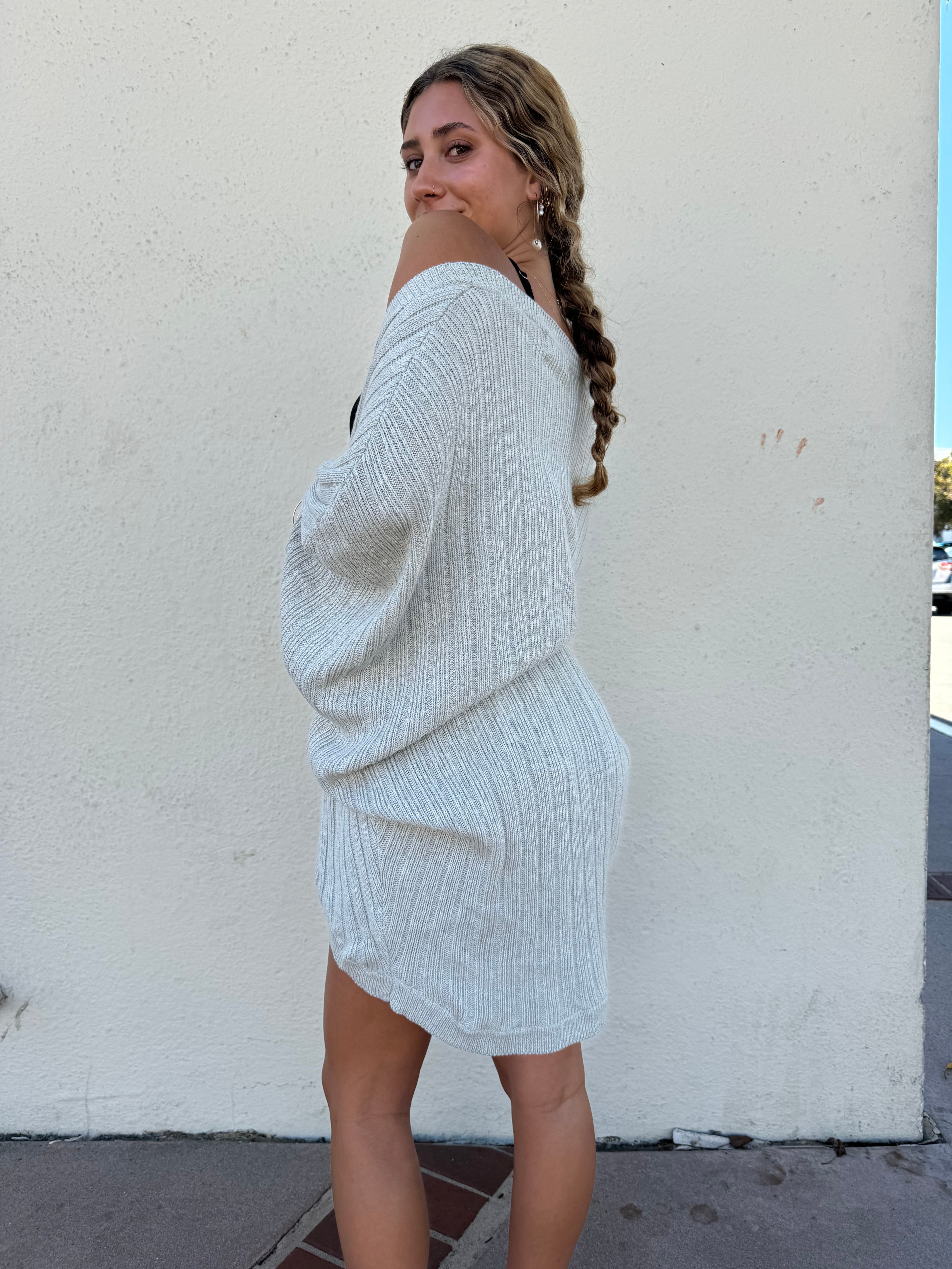 Long gray open cardigan