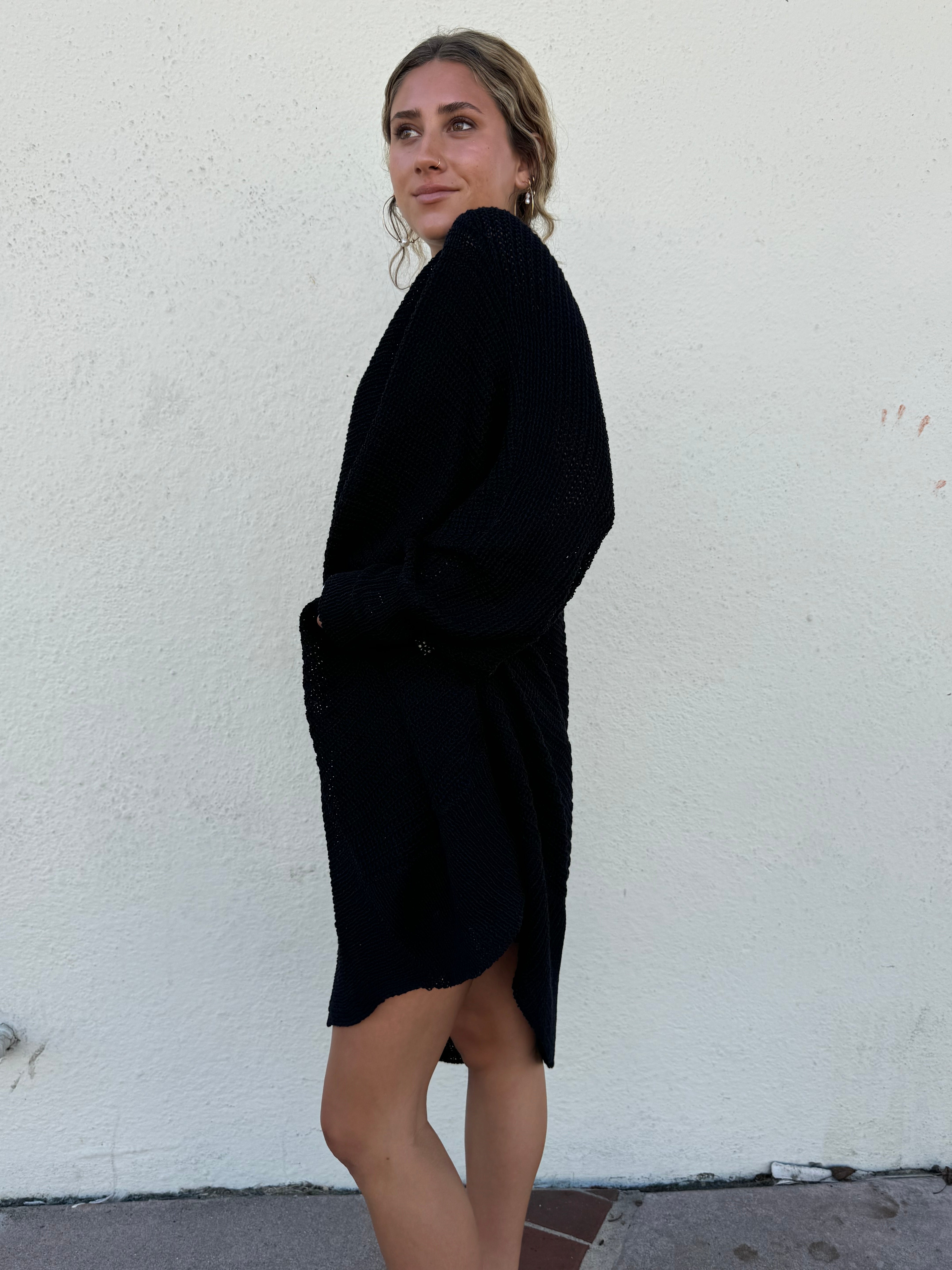 Long black open cotton cardigan