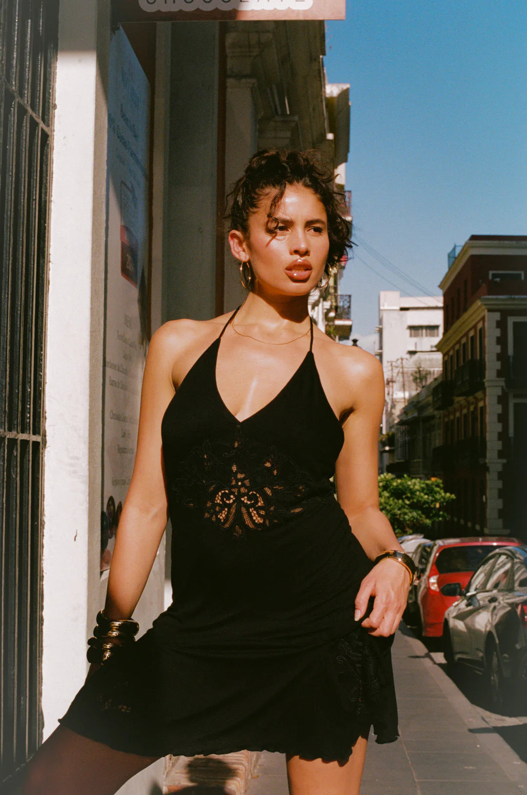 Embroidered Black Mini Dress