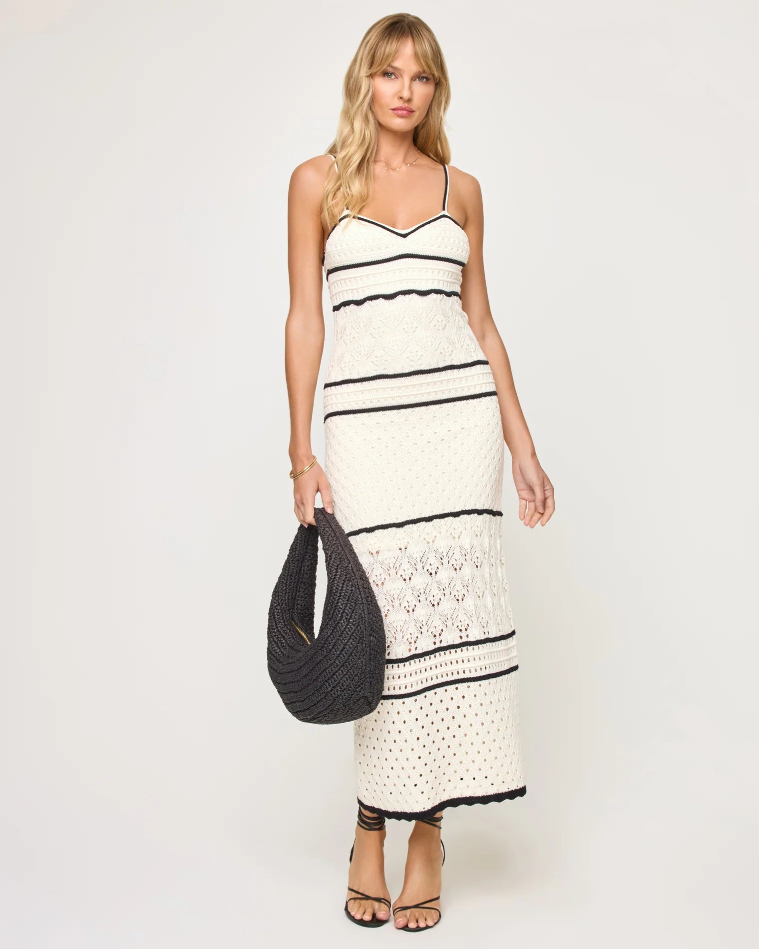 Crochet cotton knit dress with spaghetti straps in cream and black