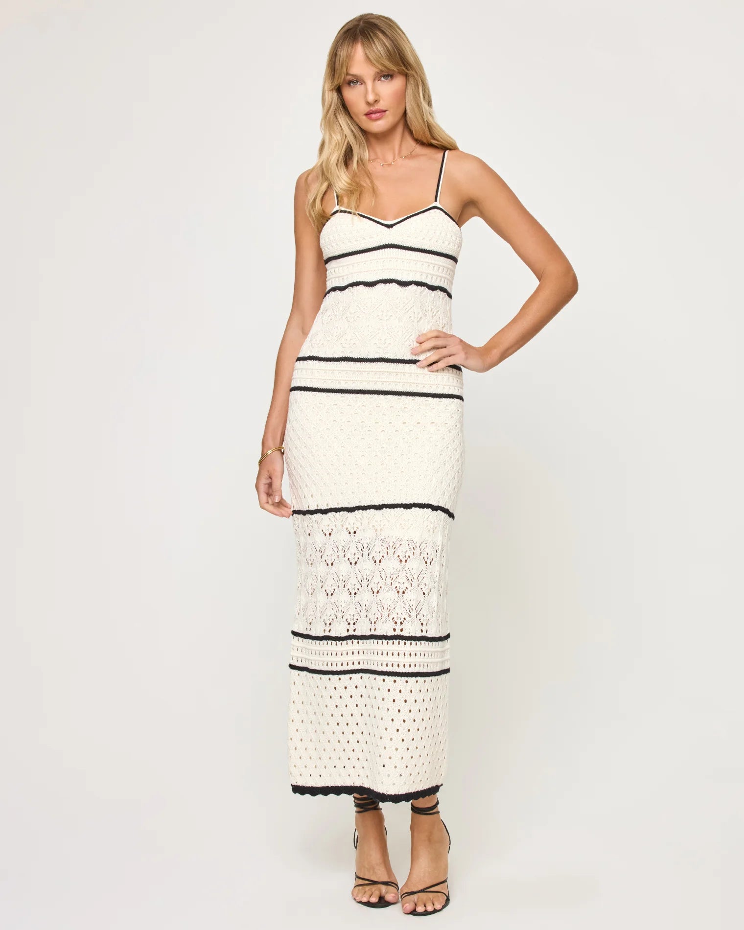 Crochet cotton knit dress with spaghetti straps in cream and black