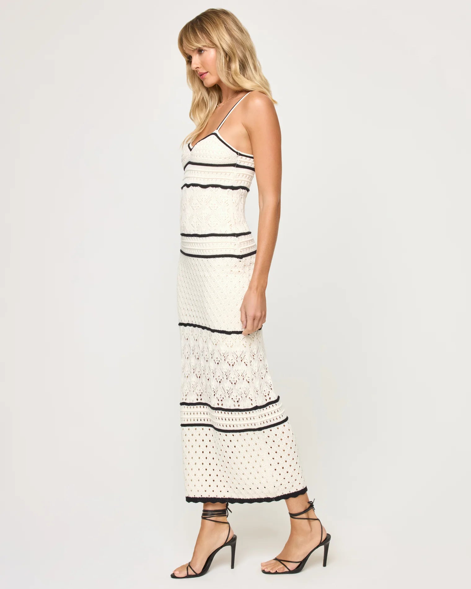 Crochet cotton knit dress with spaghetti straps in cream and black