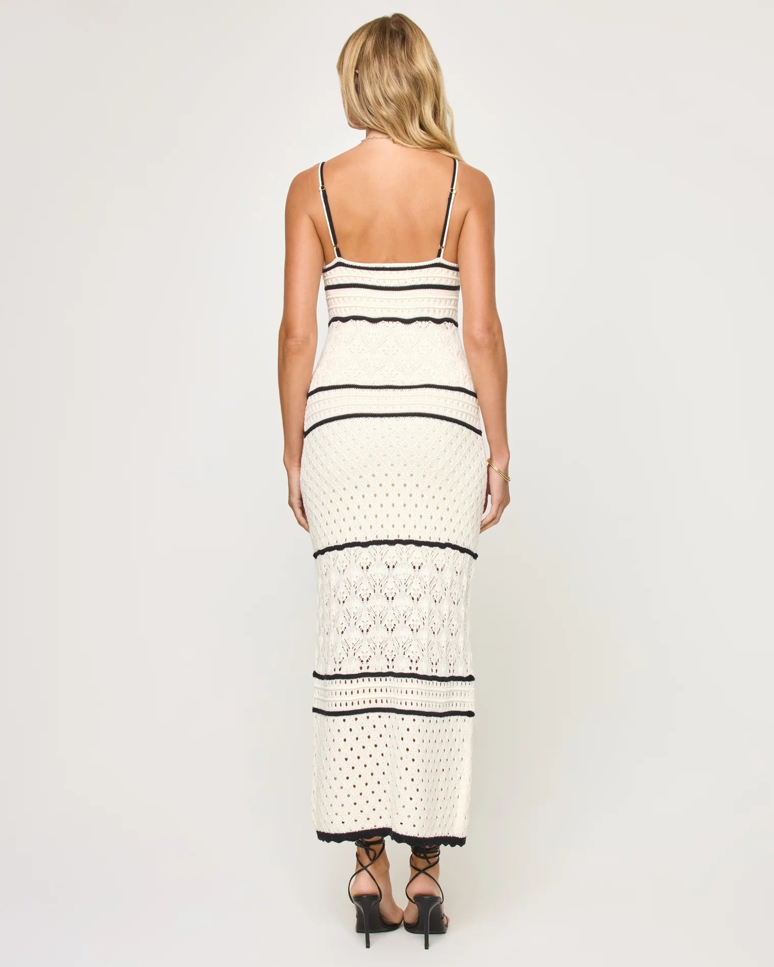Crochet cotton knit dress with spaghetti straps in cream and black