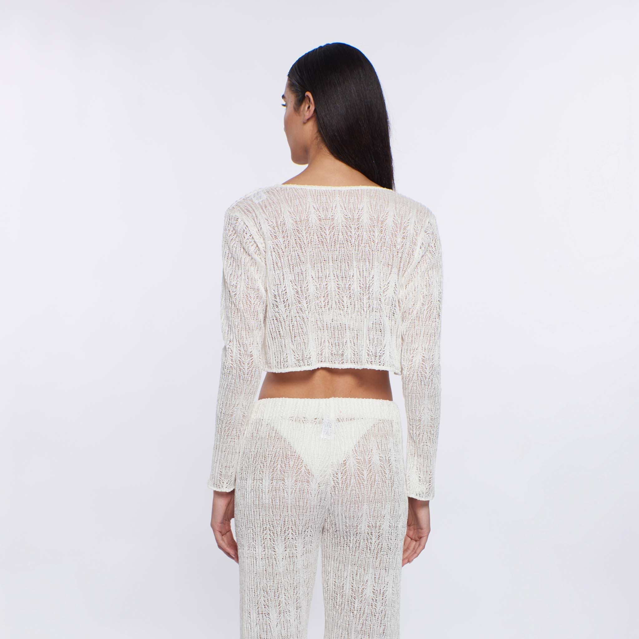 Sheer long sleeve crop top with tie front in ivory
