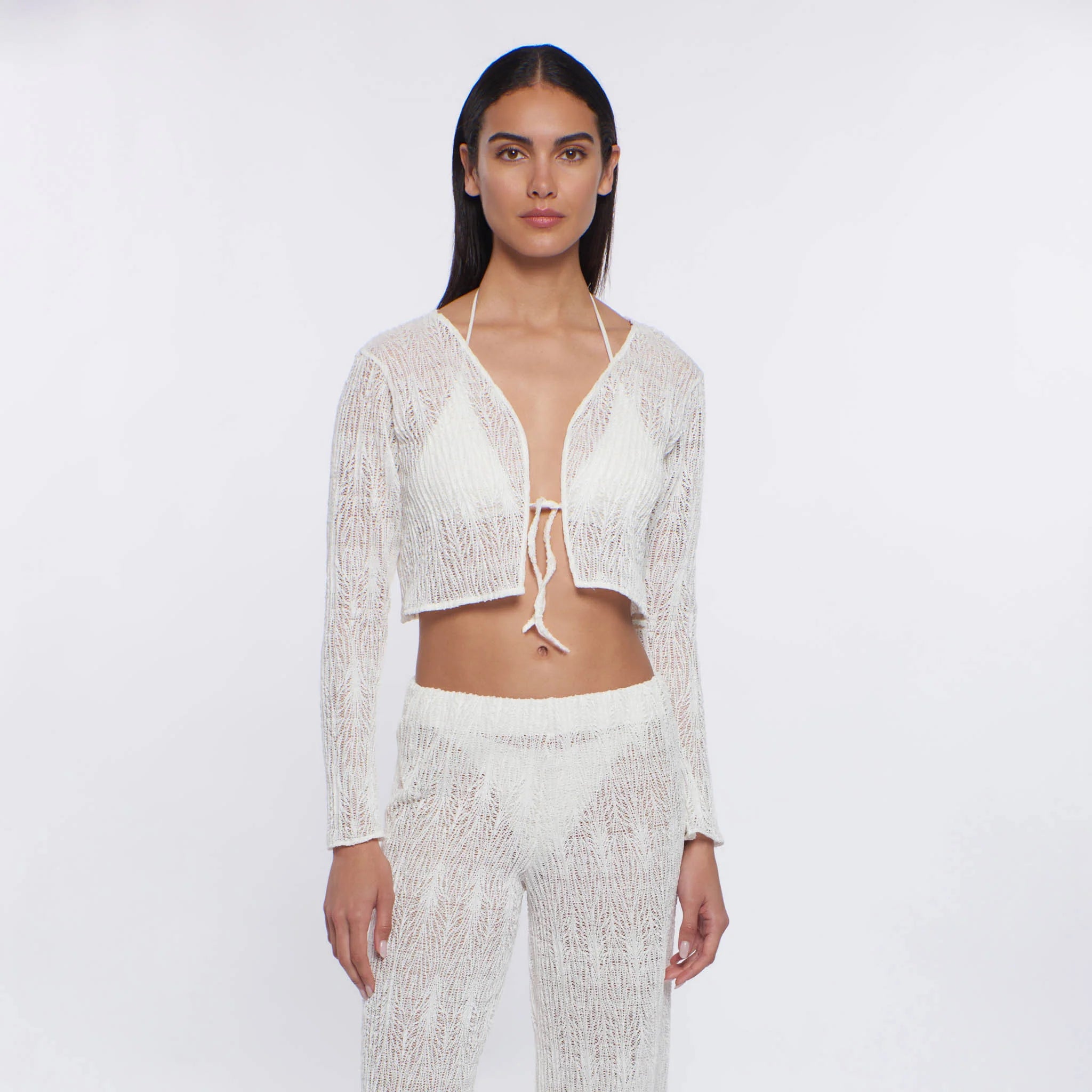 Sheer long sleeve crop top with tie front in ivory