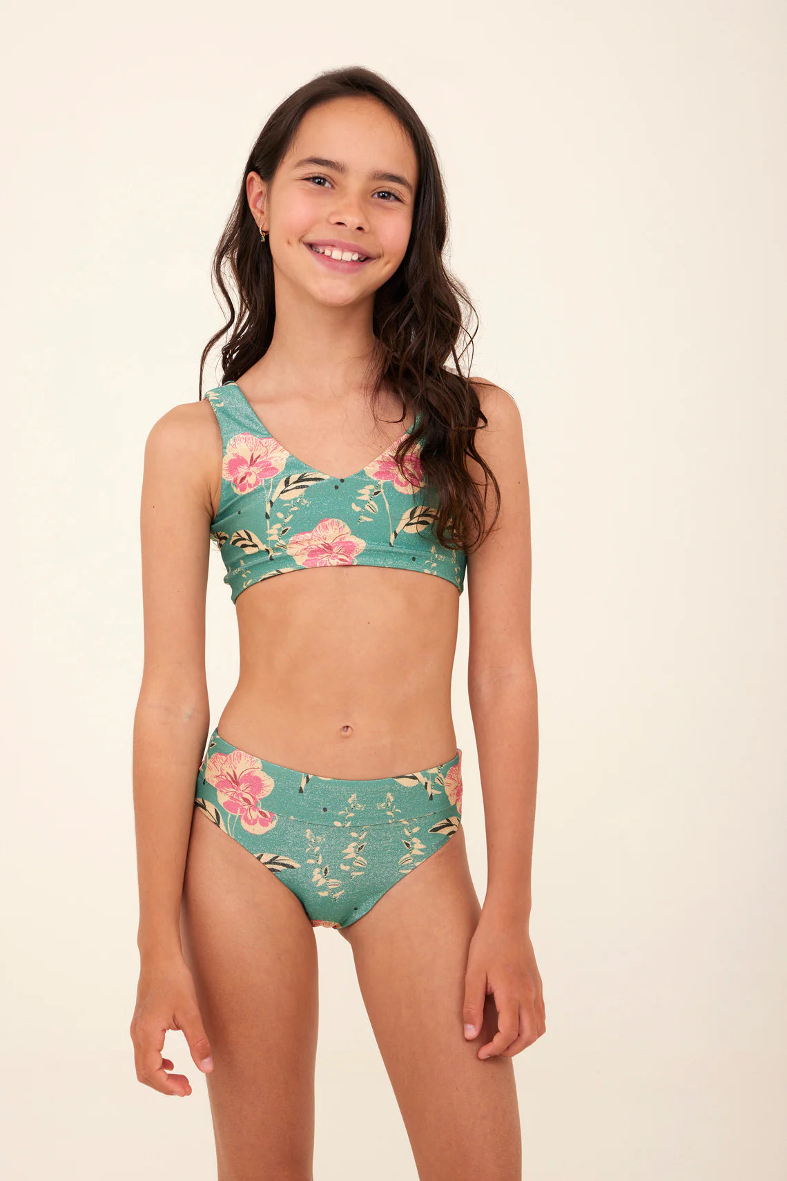 Girls two piece set in green with pink floral print
