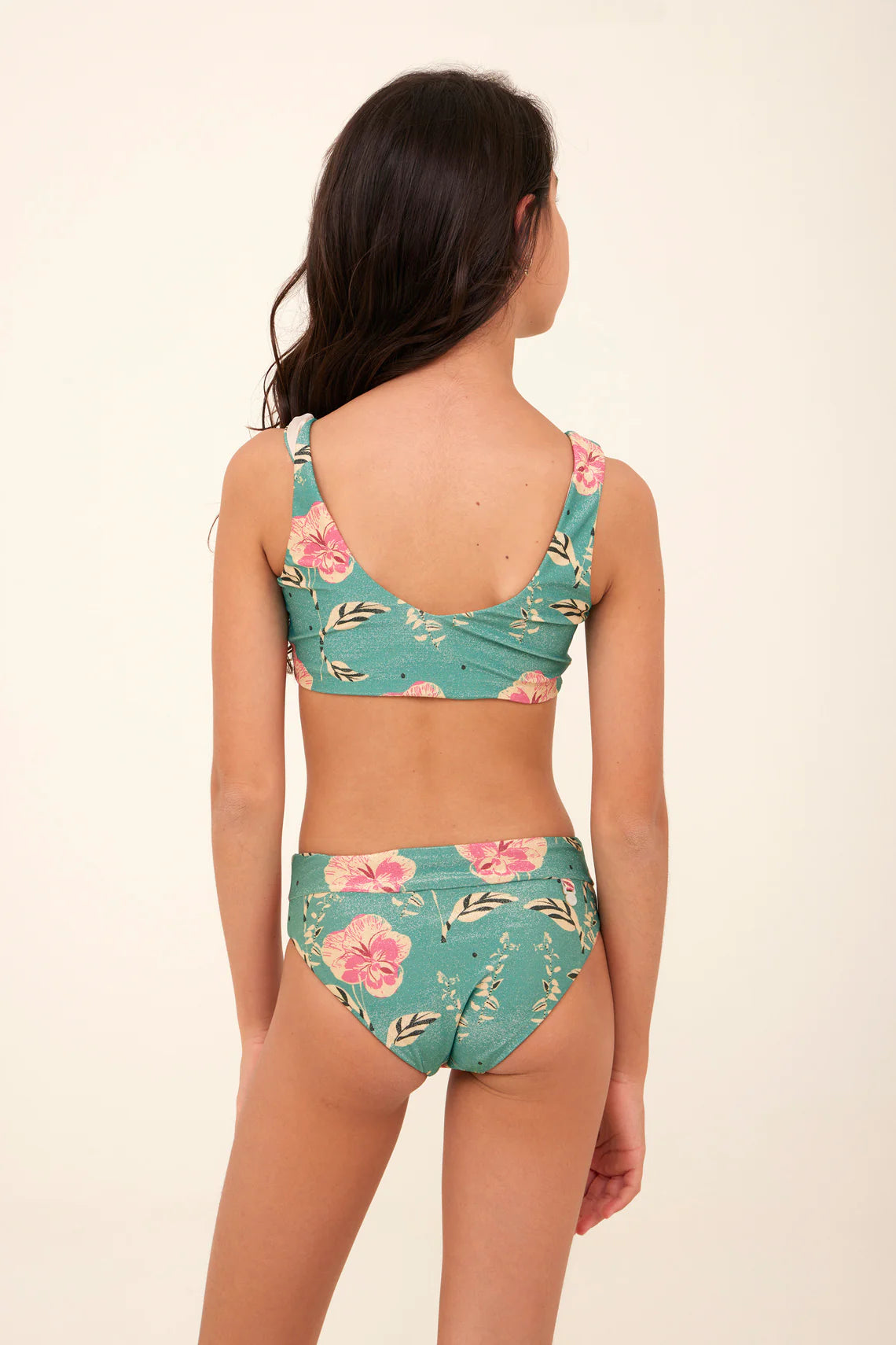 Girls two piece set in green with pink floral print