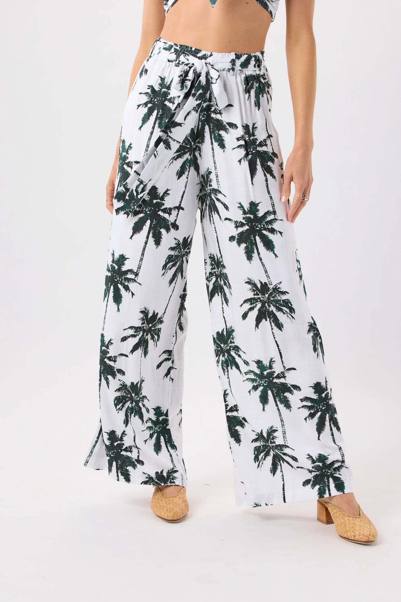Palm tree print white pants