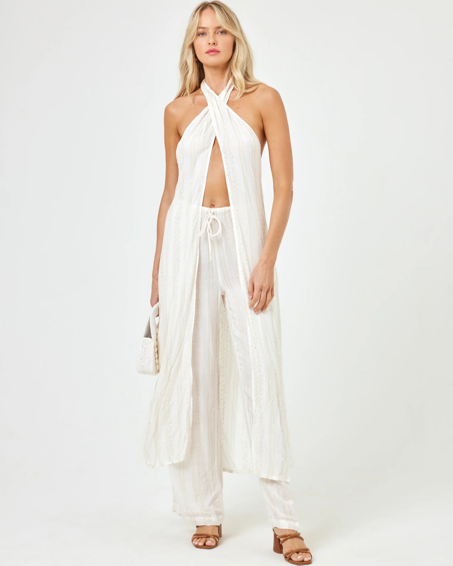 Drawstring eyelette pants in Cream