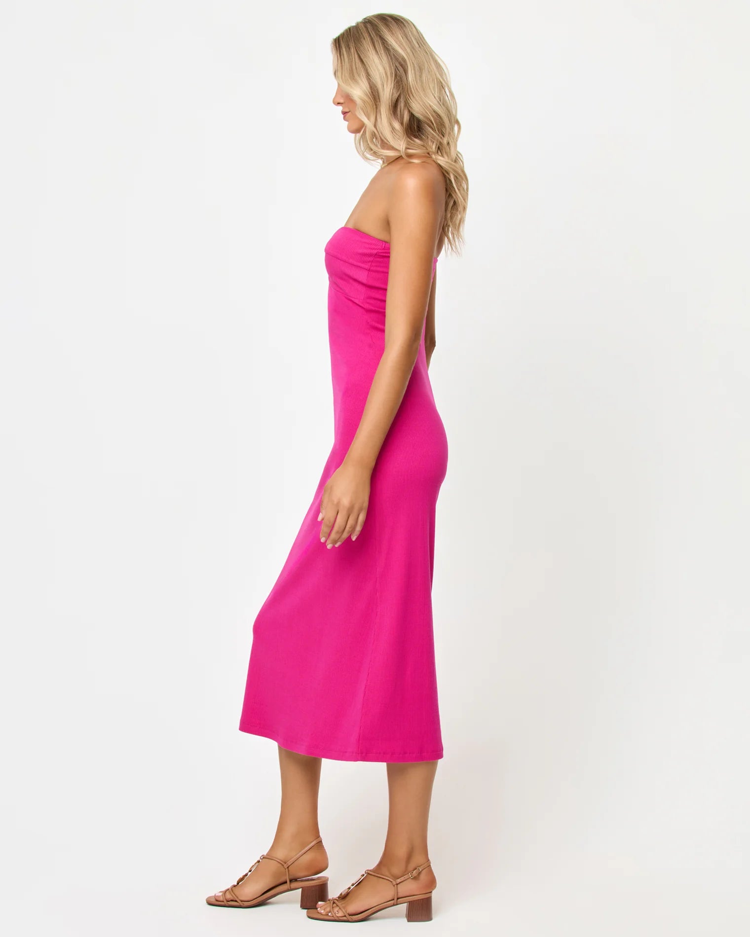 Strapless hot pink midi dress