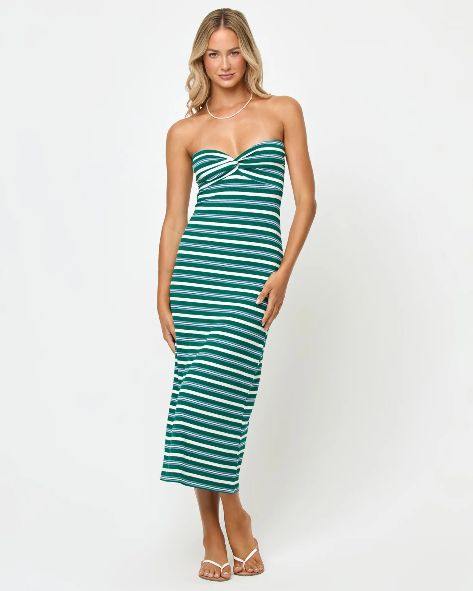 Striped Twist Front Strapless Dress