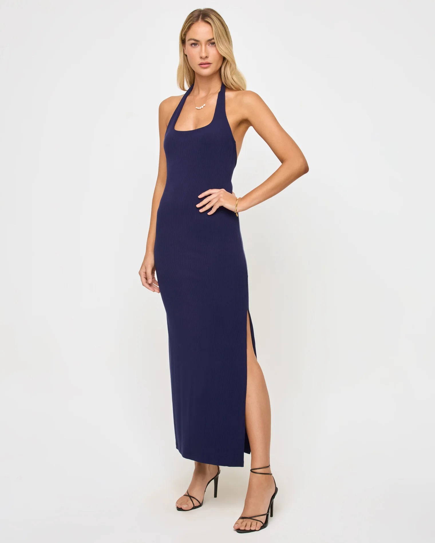 Ribbed halter midi dress in Midnight Blue
