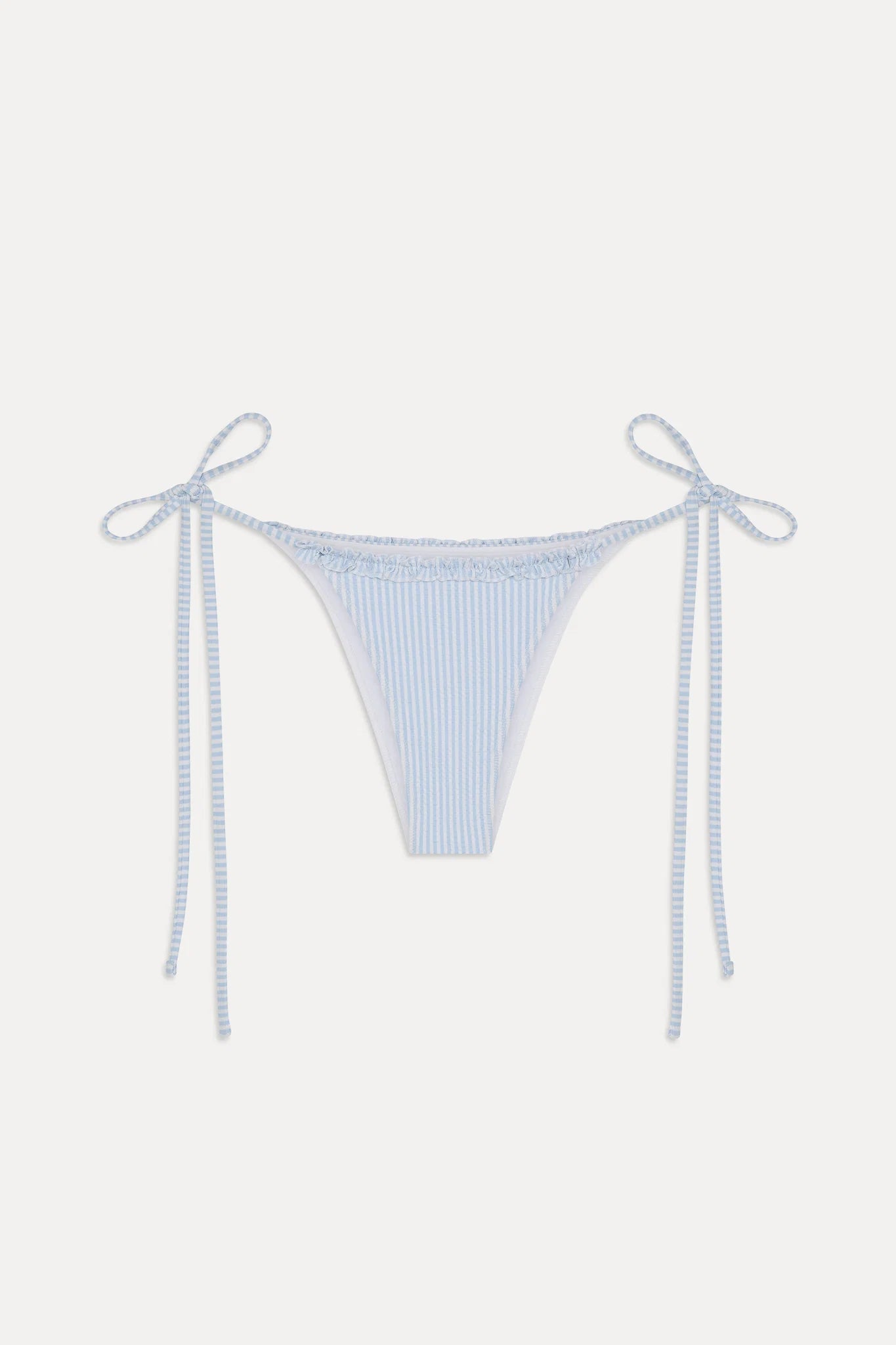 Striped tie side bikini bottom with ruffled edges