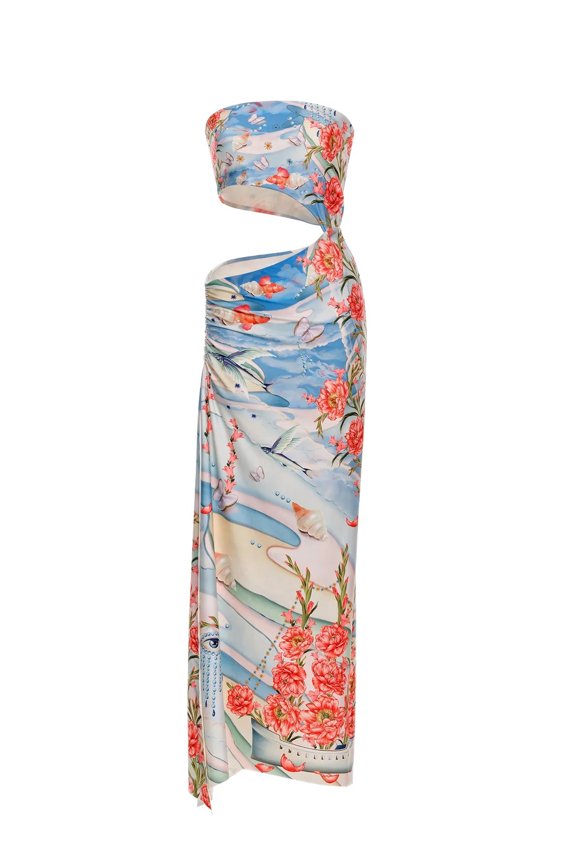 Multicolor strapless dress with a side cutout