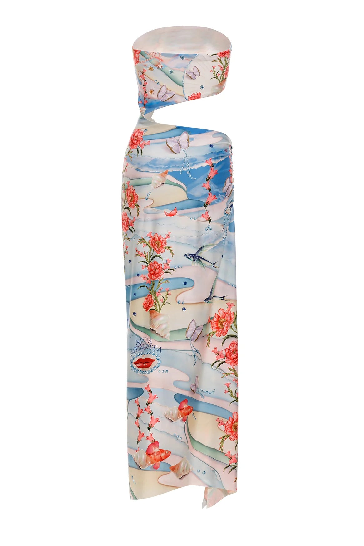 Multicolor strapless dress with a side cutout