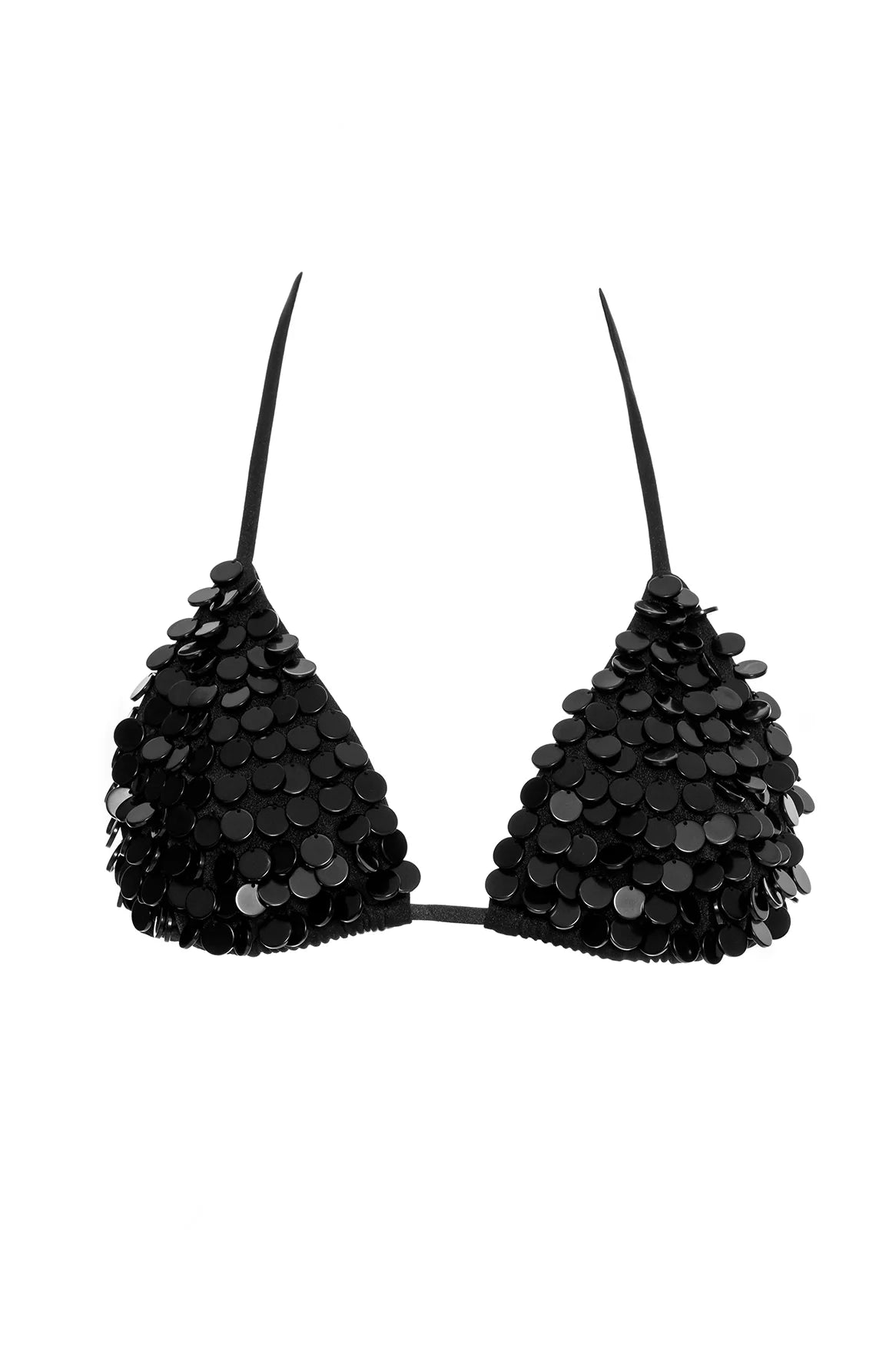 Black sequin covered triangle top with adjustable straps