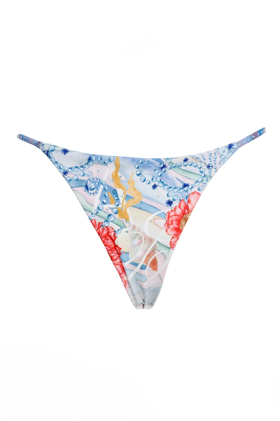 Minimal coverage bottom with thin beaded straps on the side in multicolor print