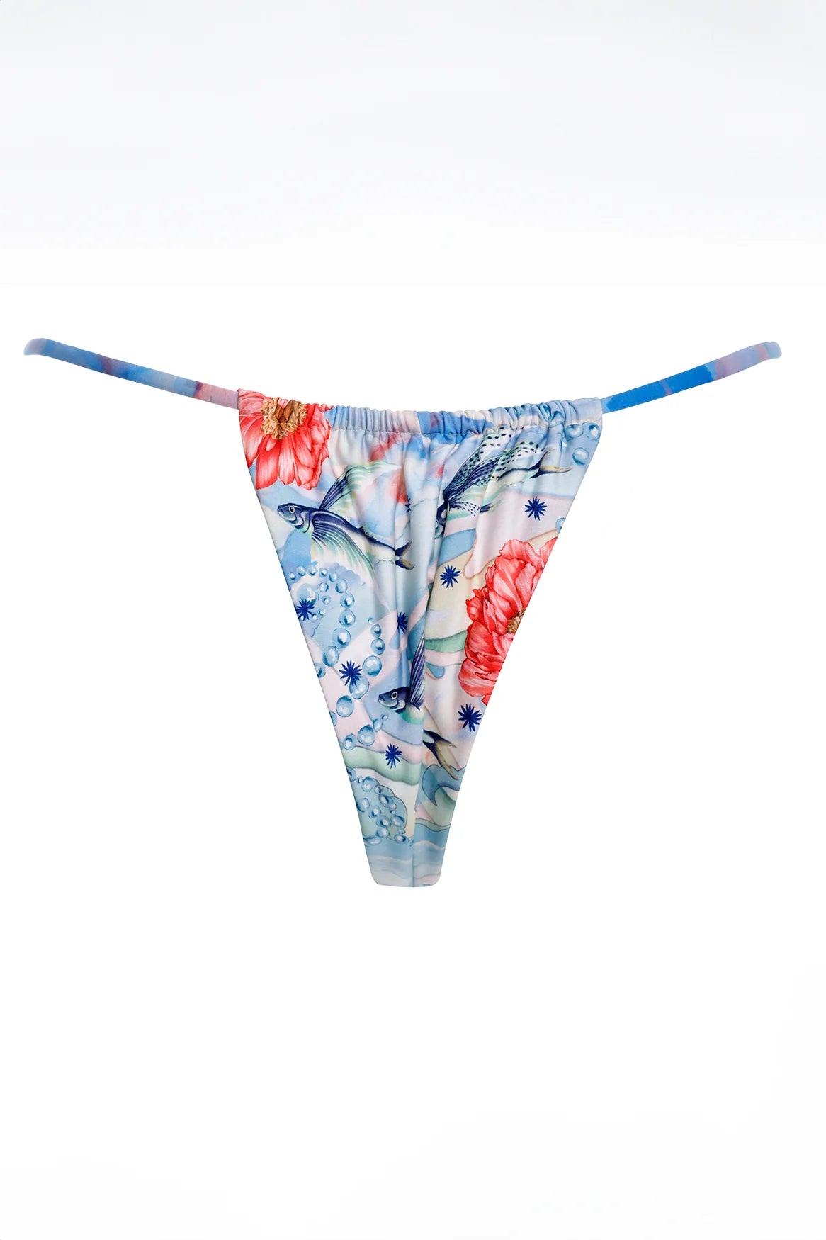 Minimal coverage bottom with thin beaded straps on the side in multicolor print