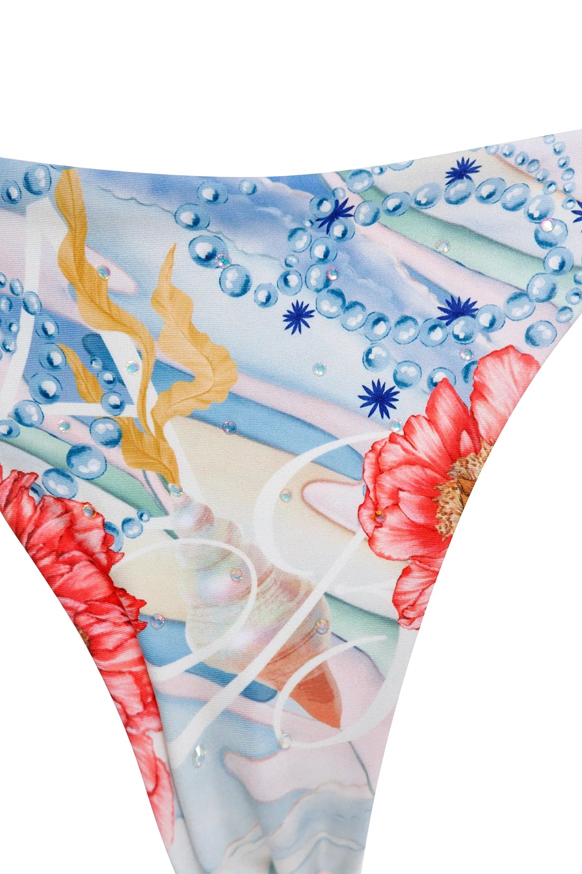 Minimal coverage bottom with thin beaded straps on the side in multicolor print