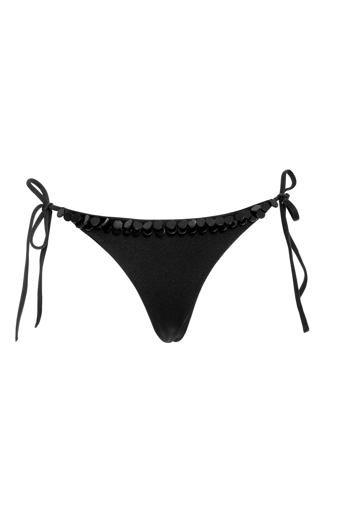 Minimal coverage black tie side bottom with decorative beaded trim