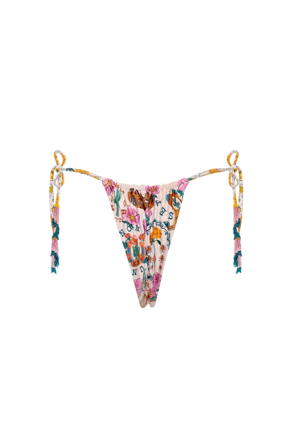Skimpy tie side bottom that cinches in the back with hand beading in multicolor print