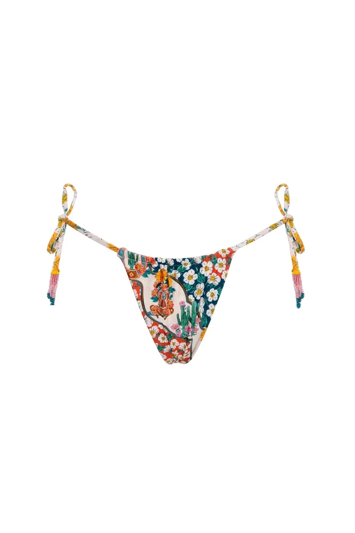 Skimpy tie side bottom that cinches in the back with hand beading in multicolor print