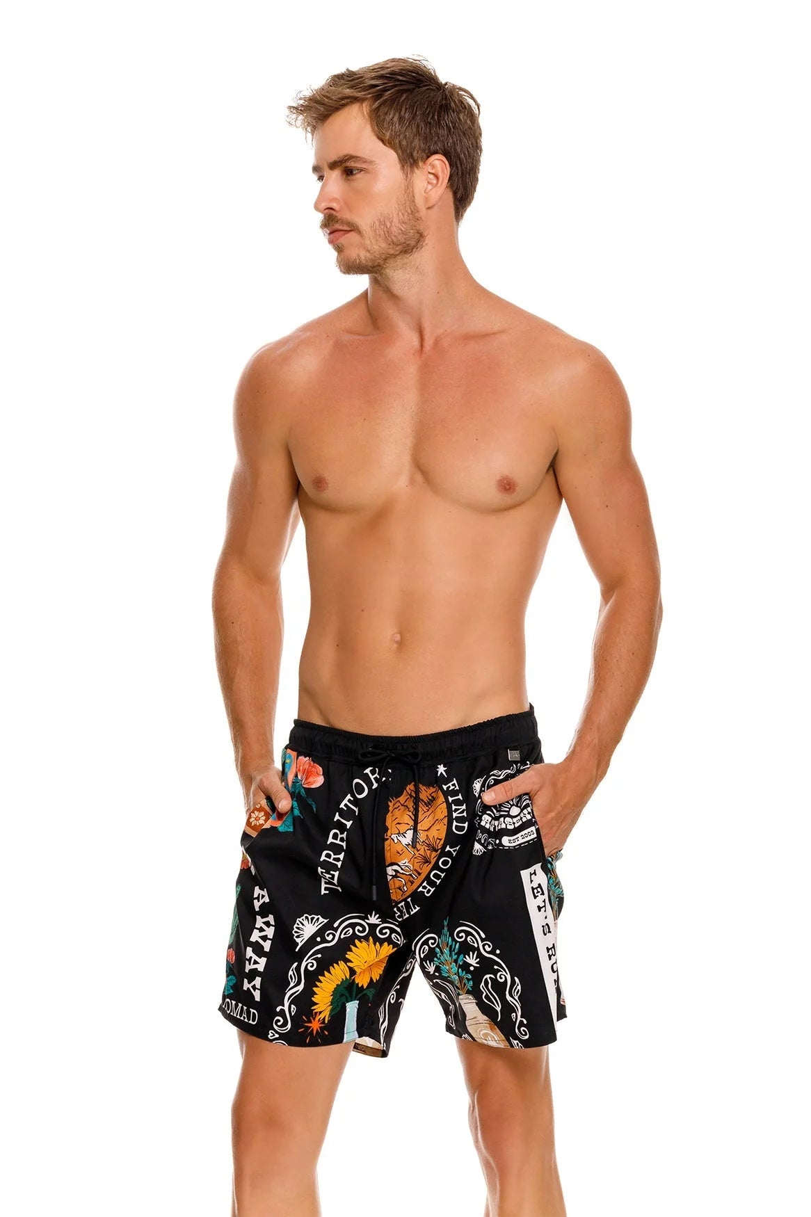 Black men's swim trunks with colorful print