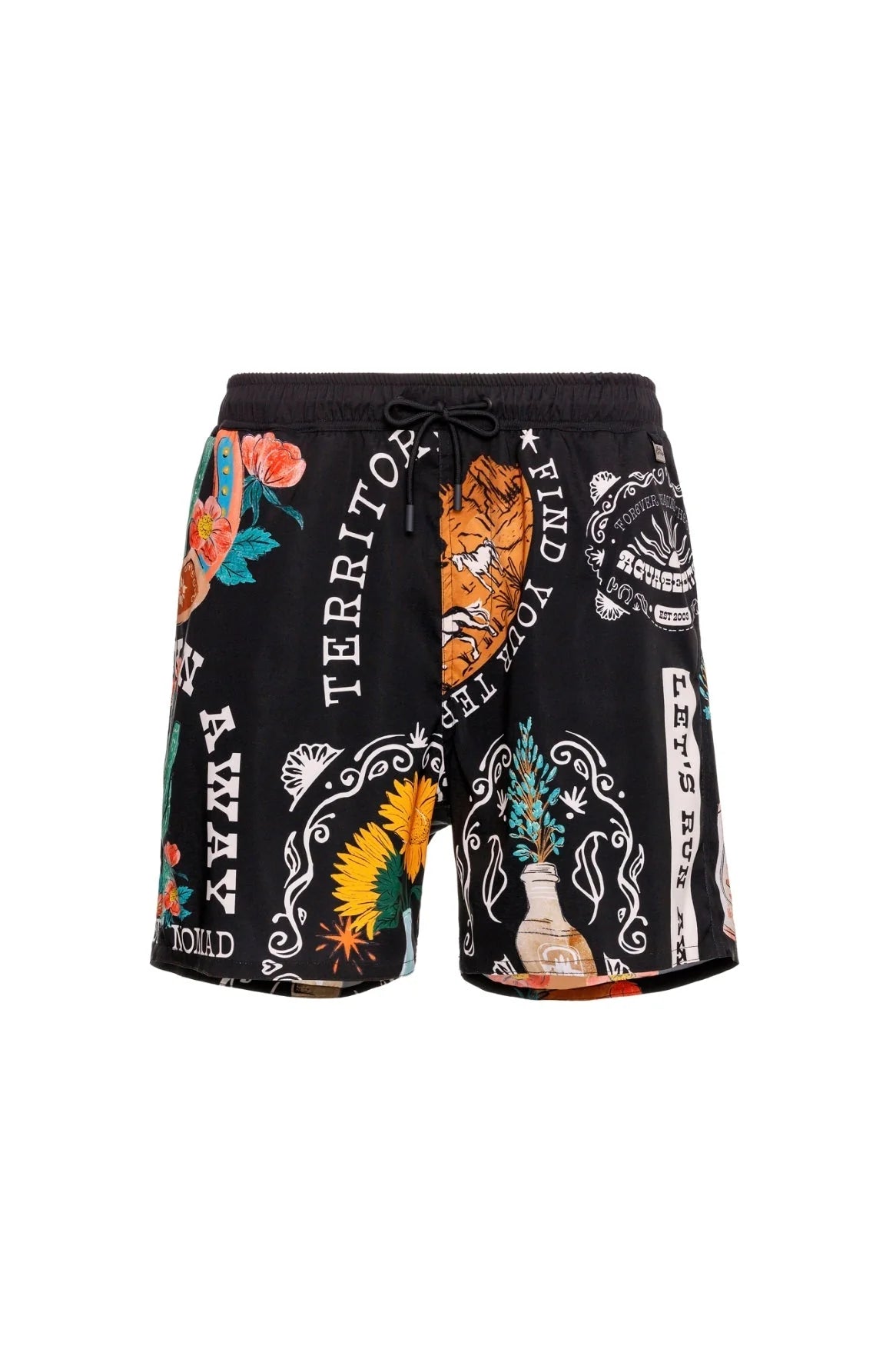 Black men's swim trunks with colorful print
