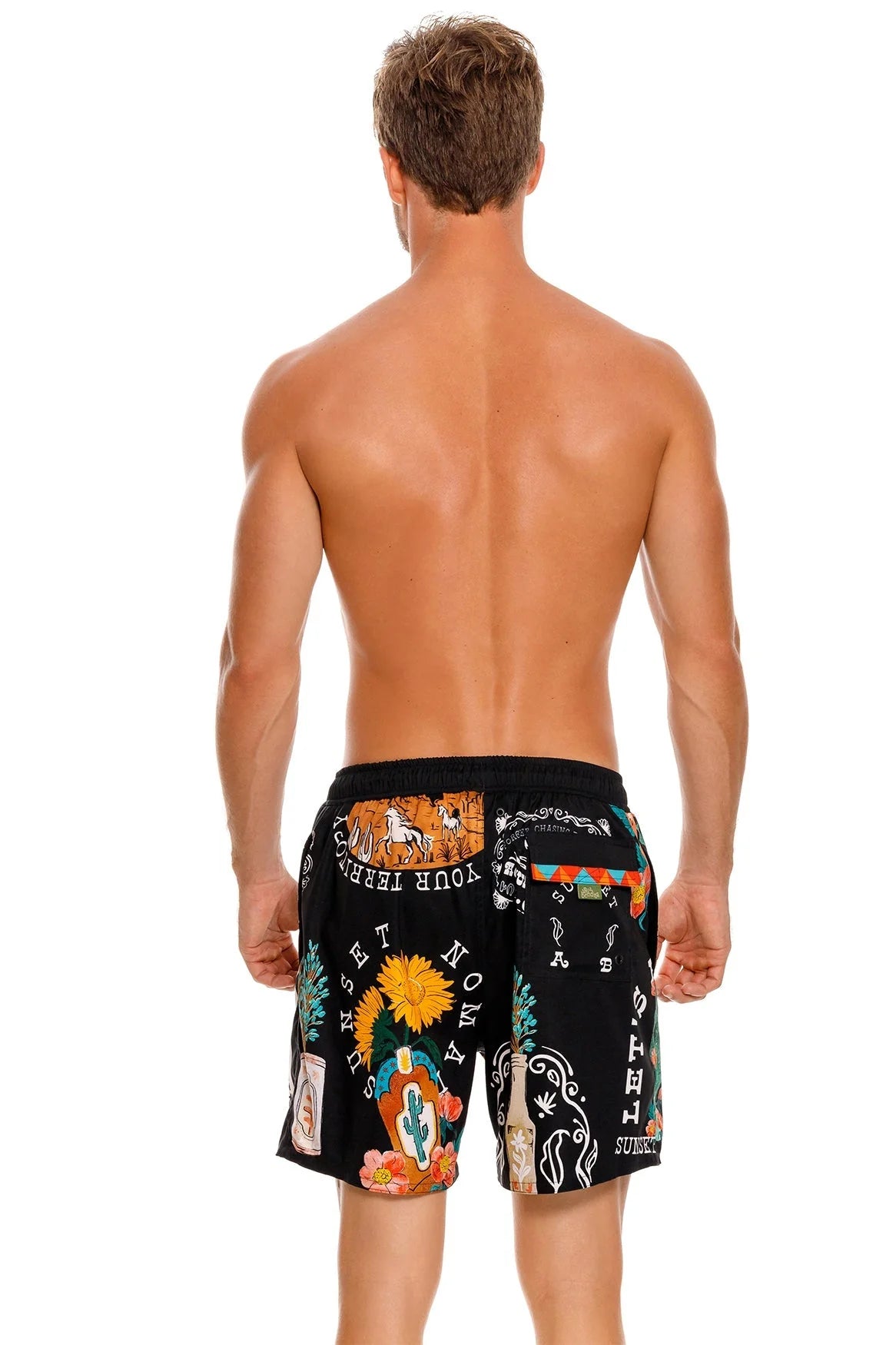 Black men's swim trunks with colorful print