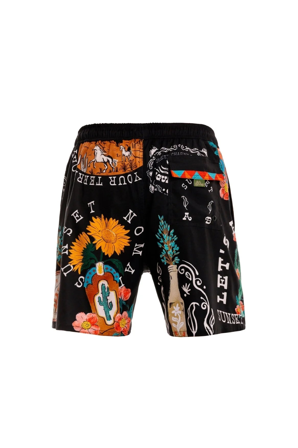 Black men's swim trunks with colorful print