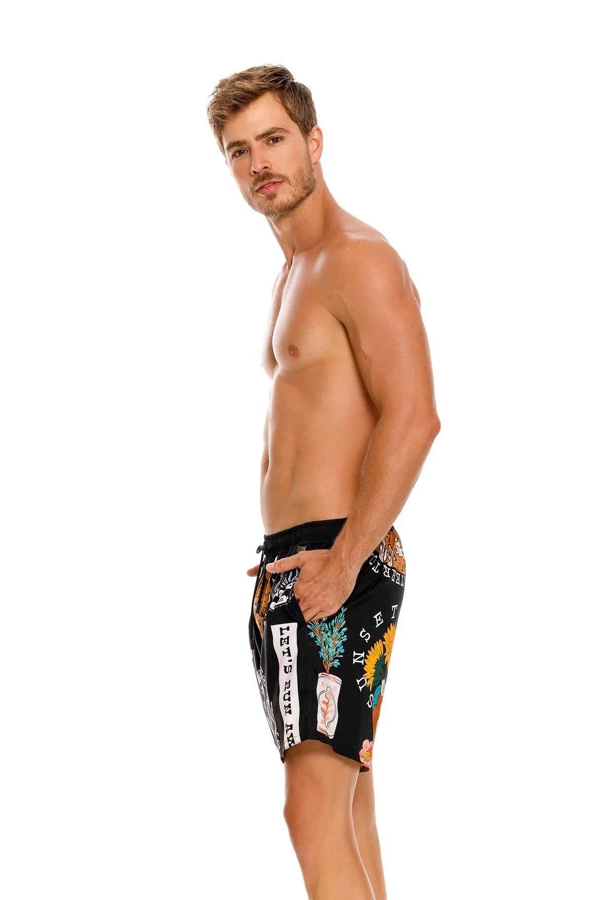 Black men's swim trunks with colorful print