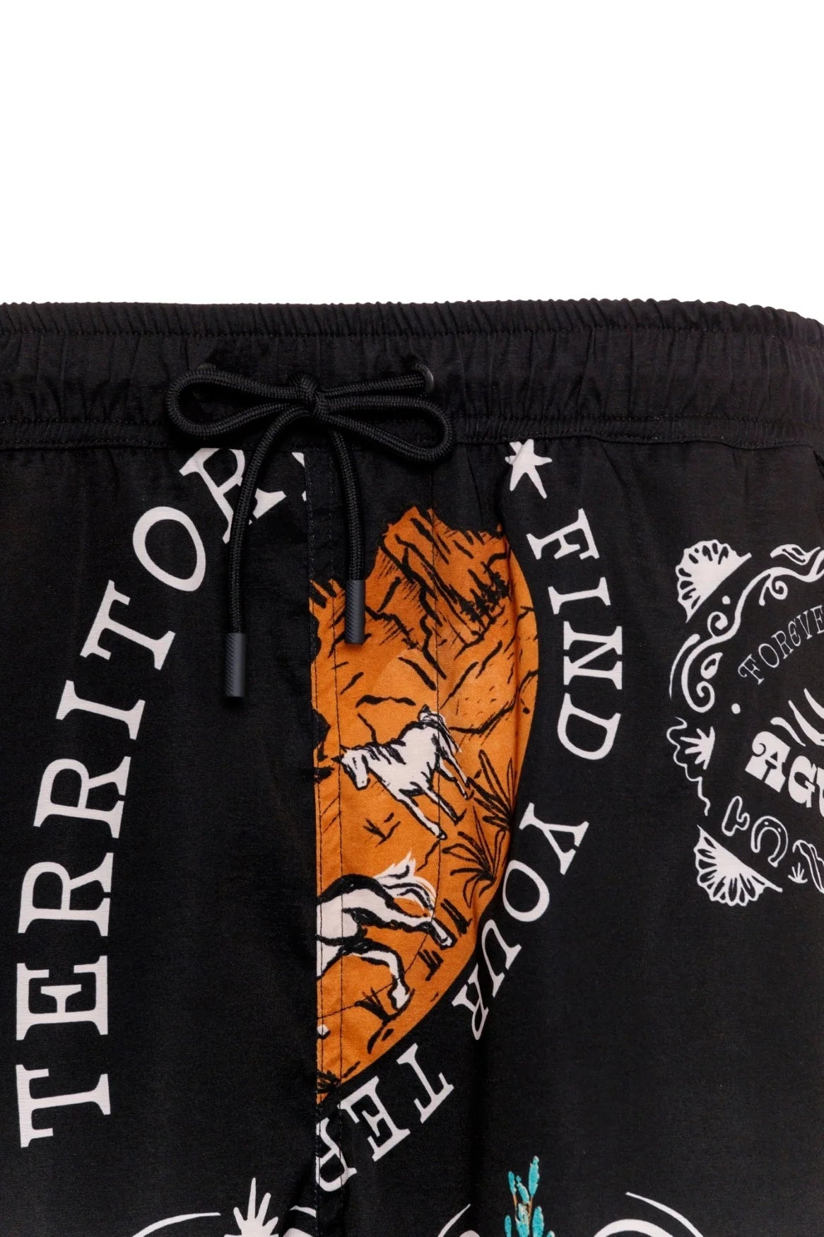 Black men's swim trunks with colorful print